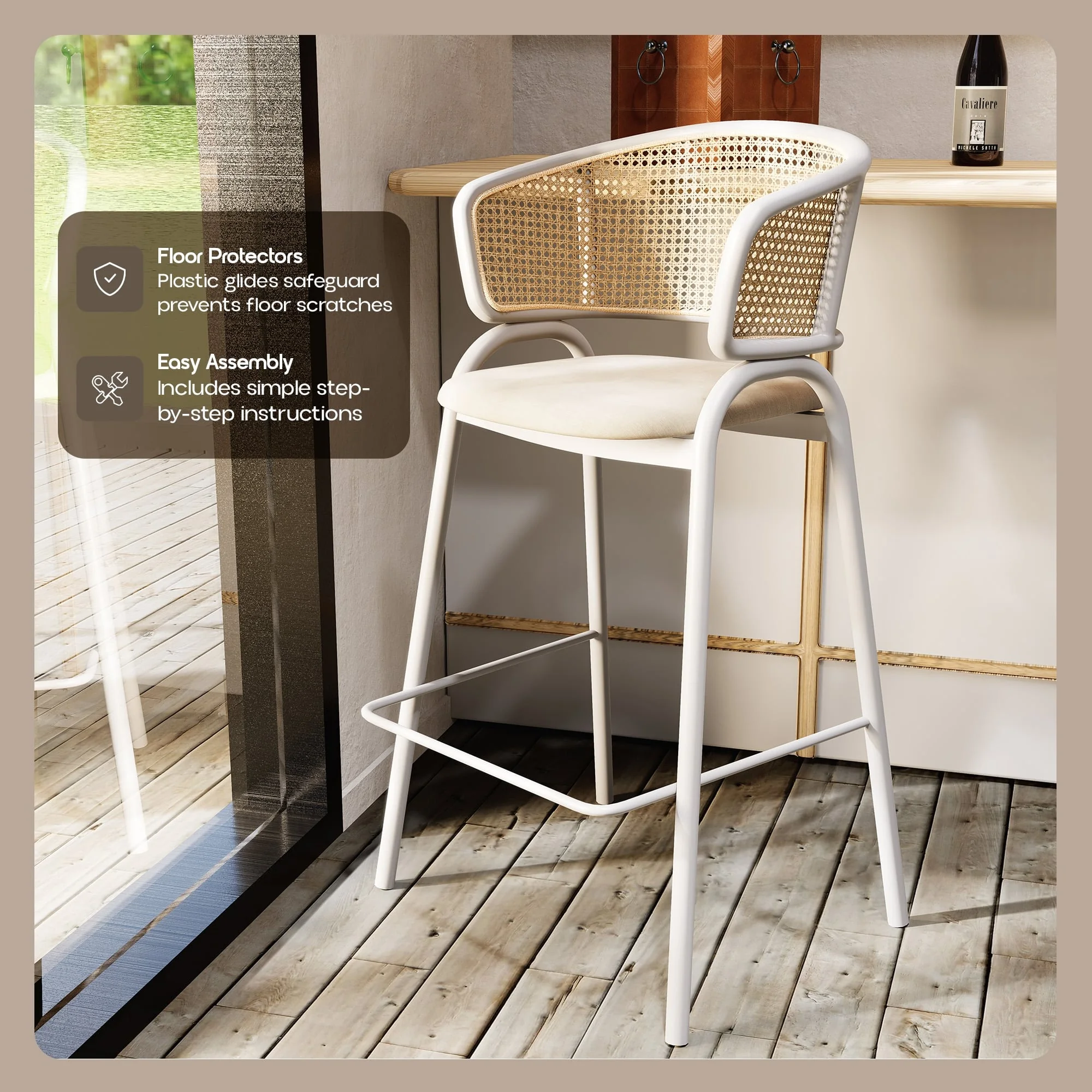 Ervilla Wicker Bar Stool with Fabric Seat and White Steel Frame - White leather