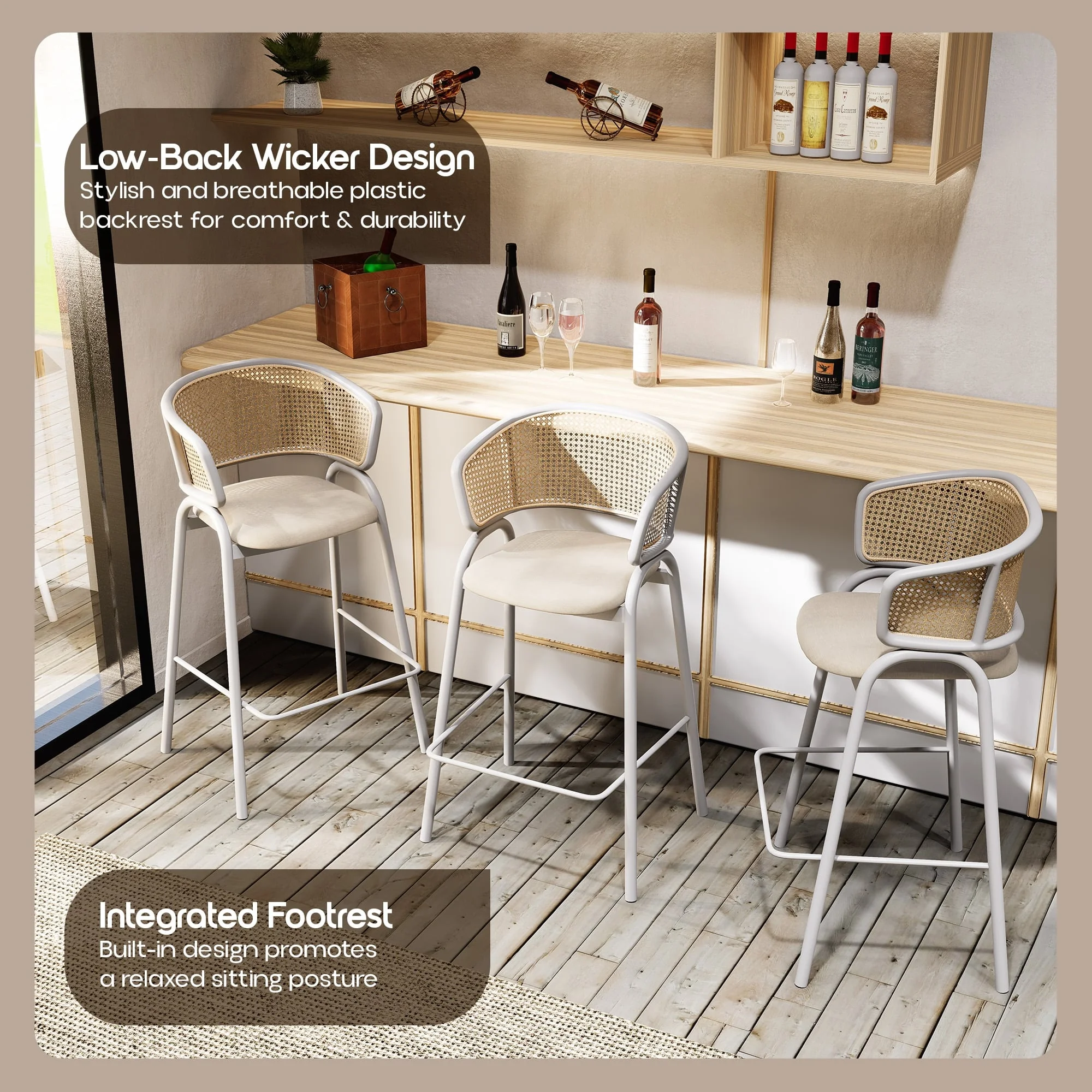 Ervilla Wicker Bar Stool with Fabric Seat and White Steel Frame - White leather