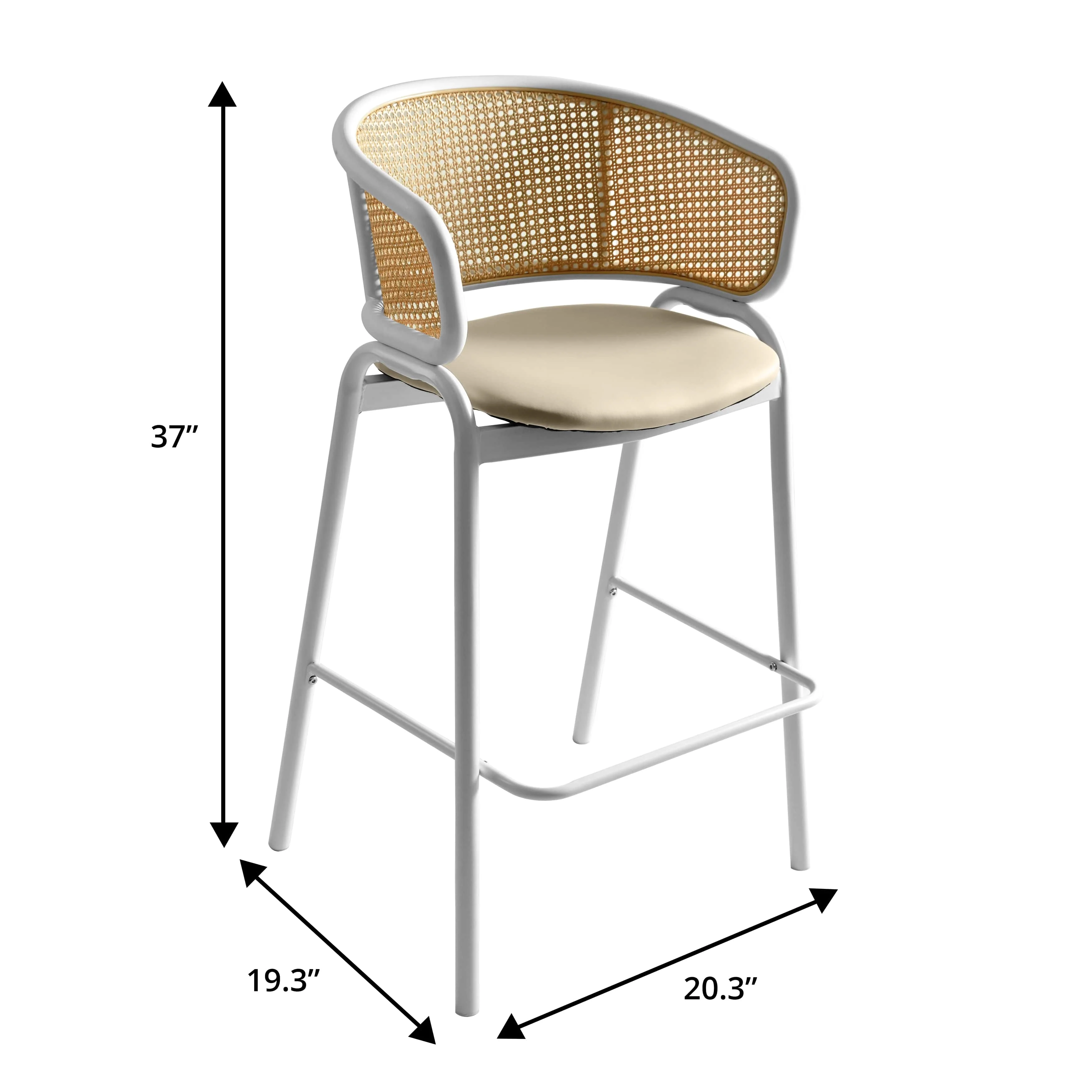 Ervilla Wicker Bar Stool with Fabric Seat and White Steel Frame - White leather