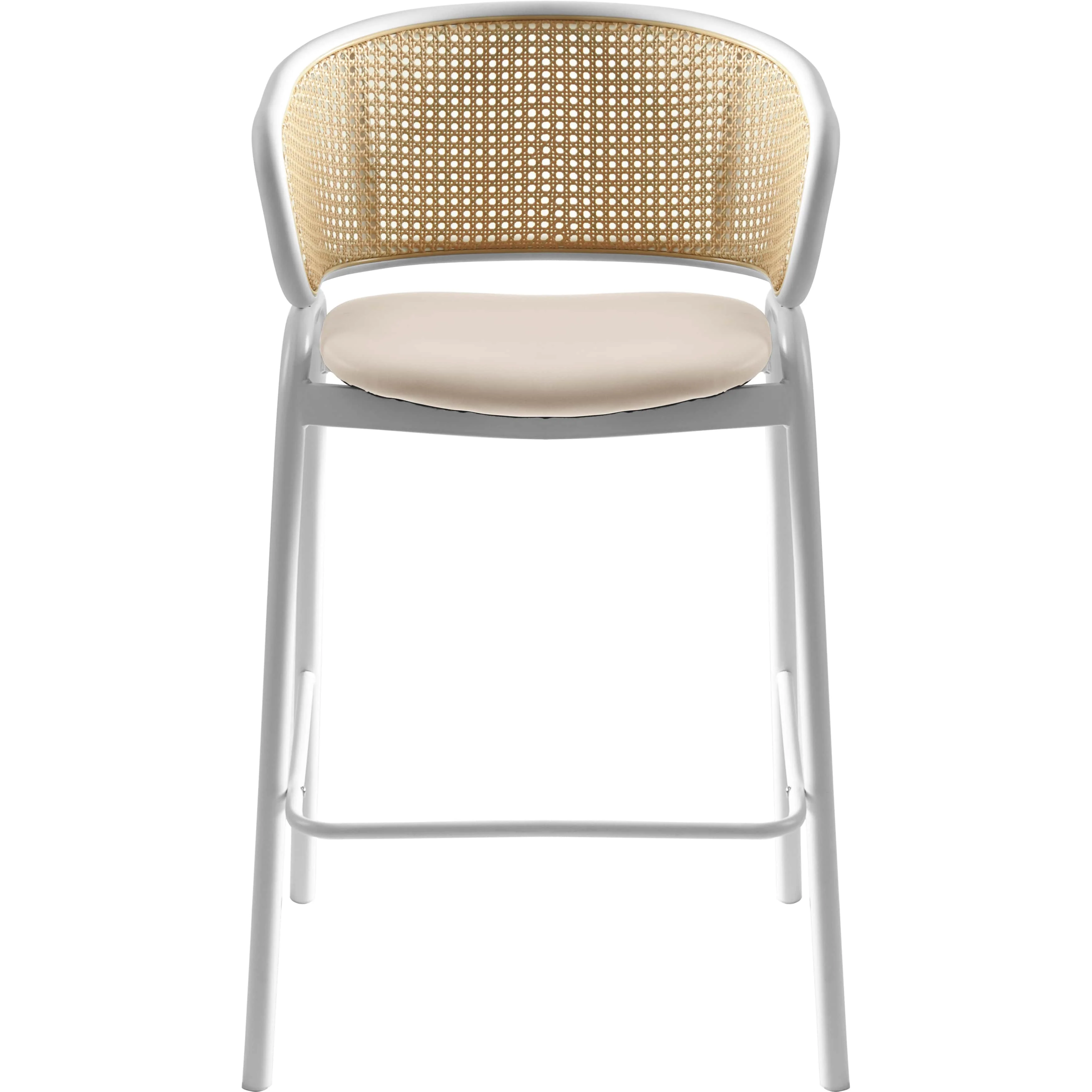 Ervilla Wicker Bar Stool with Fabric Seat and White Steel Frame - White leather