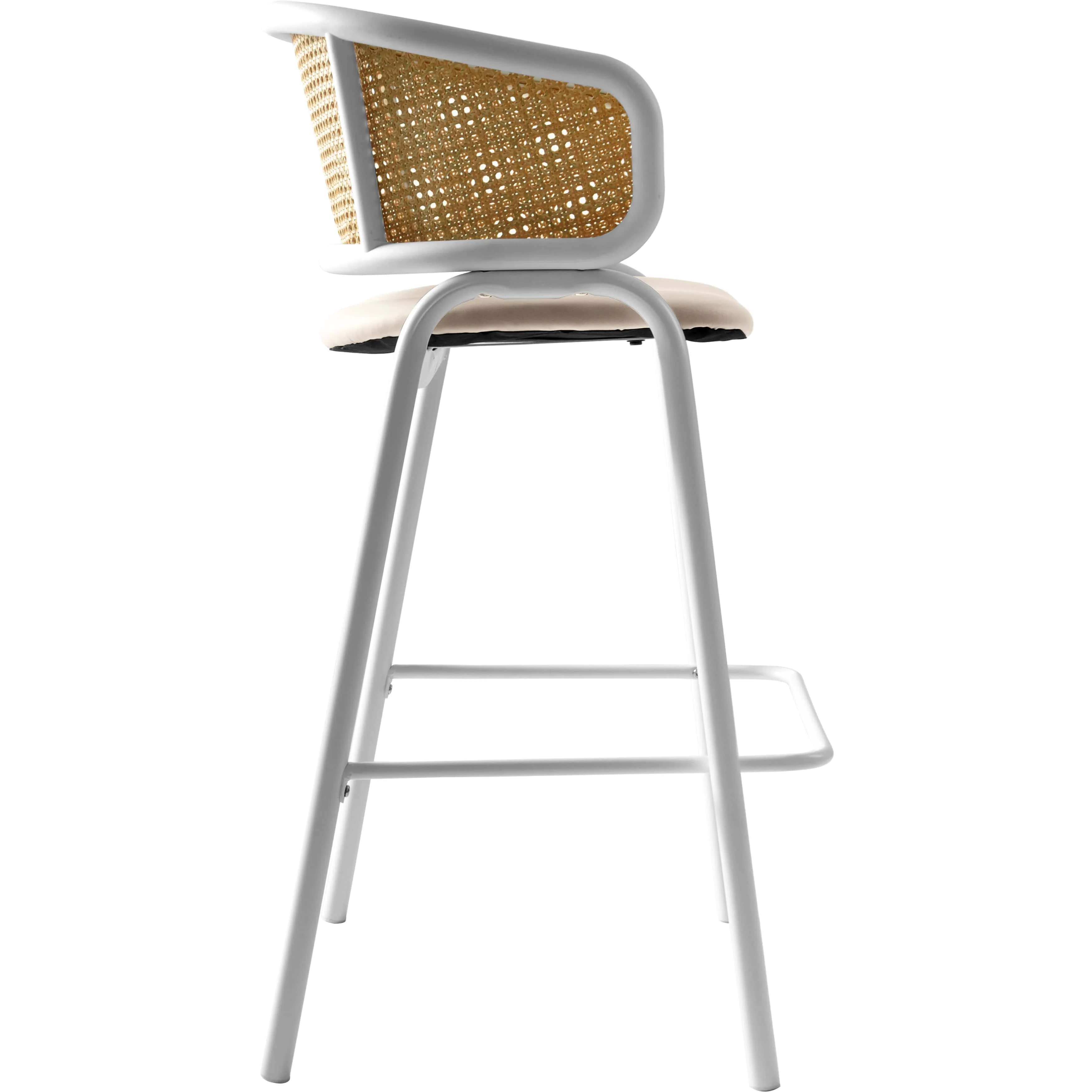 Ervilla Wicker Bar Stool with Fabric Seat and White Steel Frame - White leather