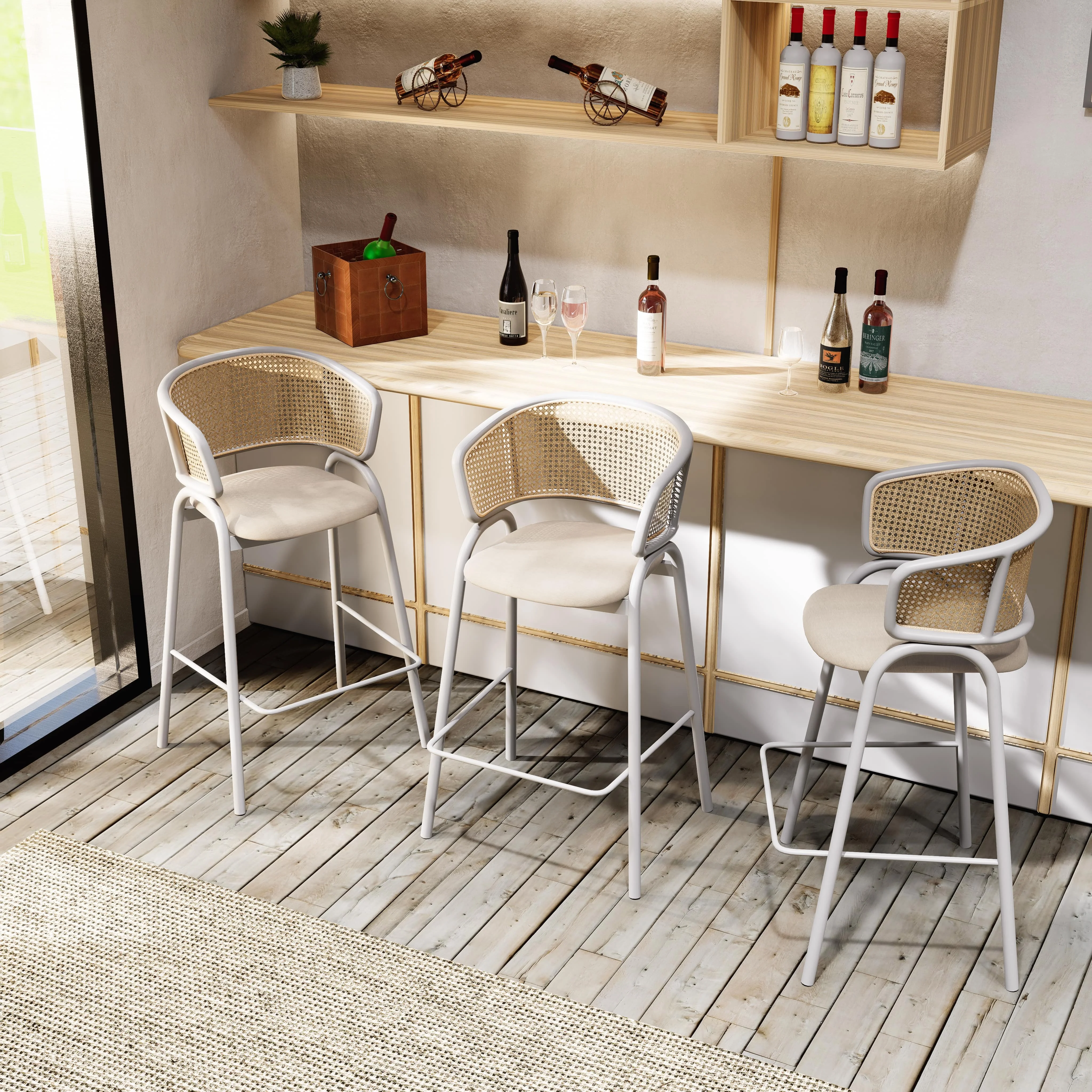 Ervilla Wicker Bar Stool with Fabric Seat and White Steel Frame - White leather - Set of 2