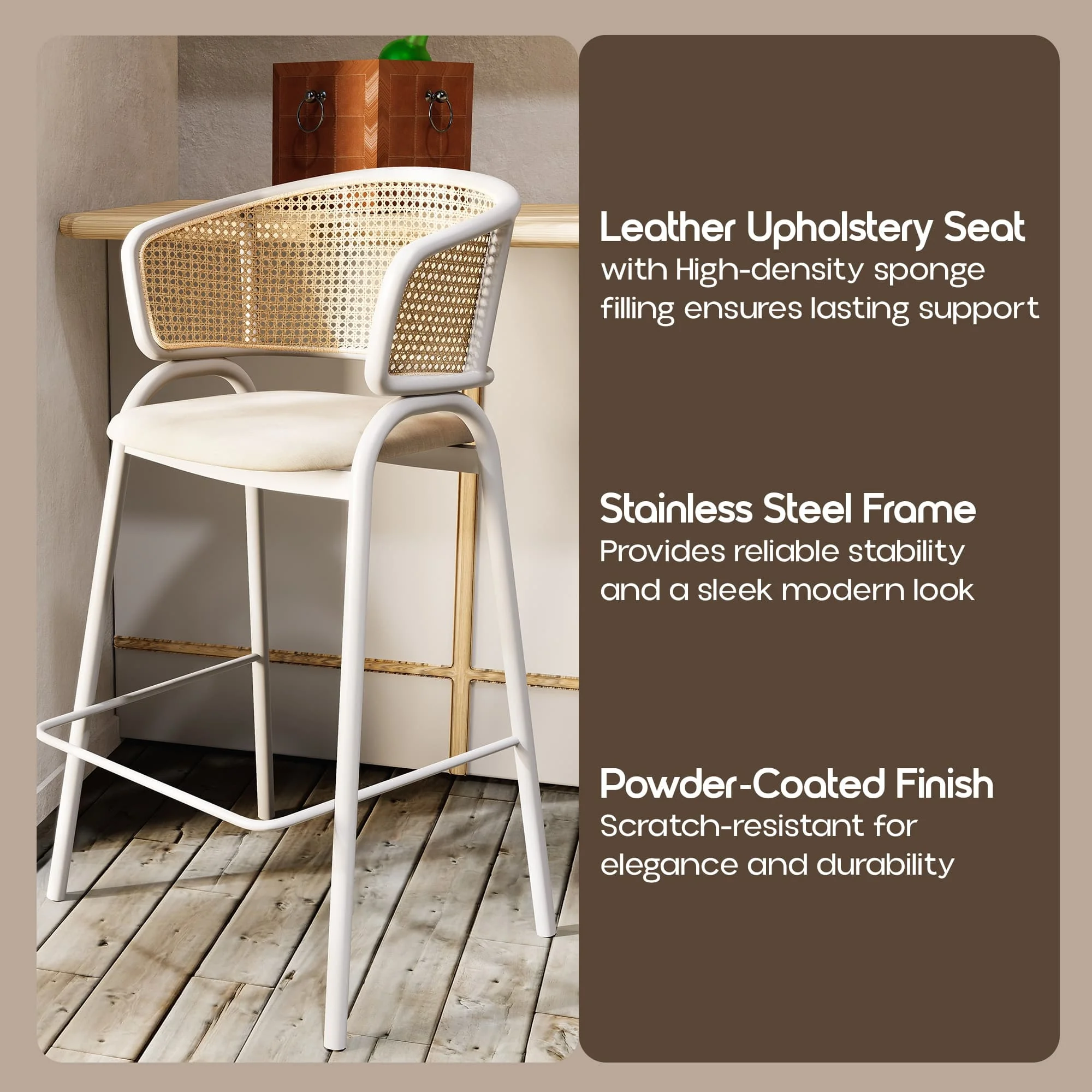 Ervilla Wicker Bar Stool with Fabric Seat and White Steel Frame - White leather - Set of 2