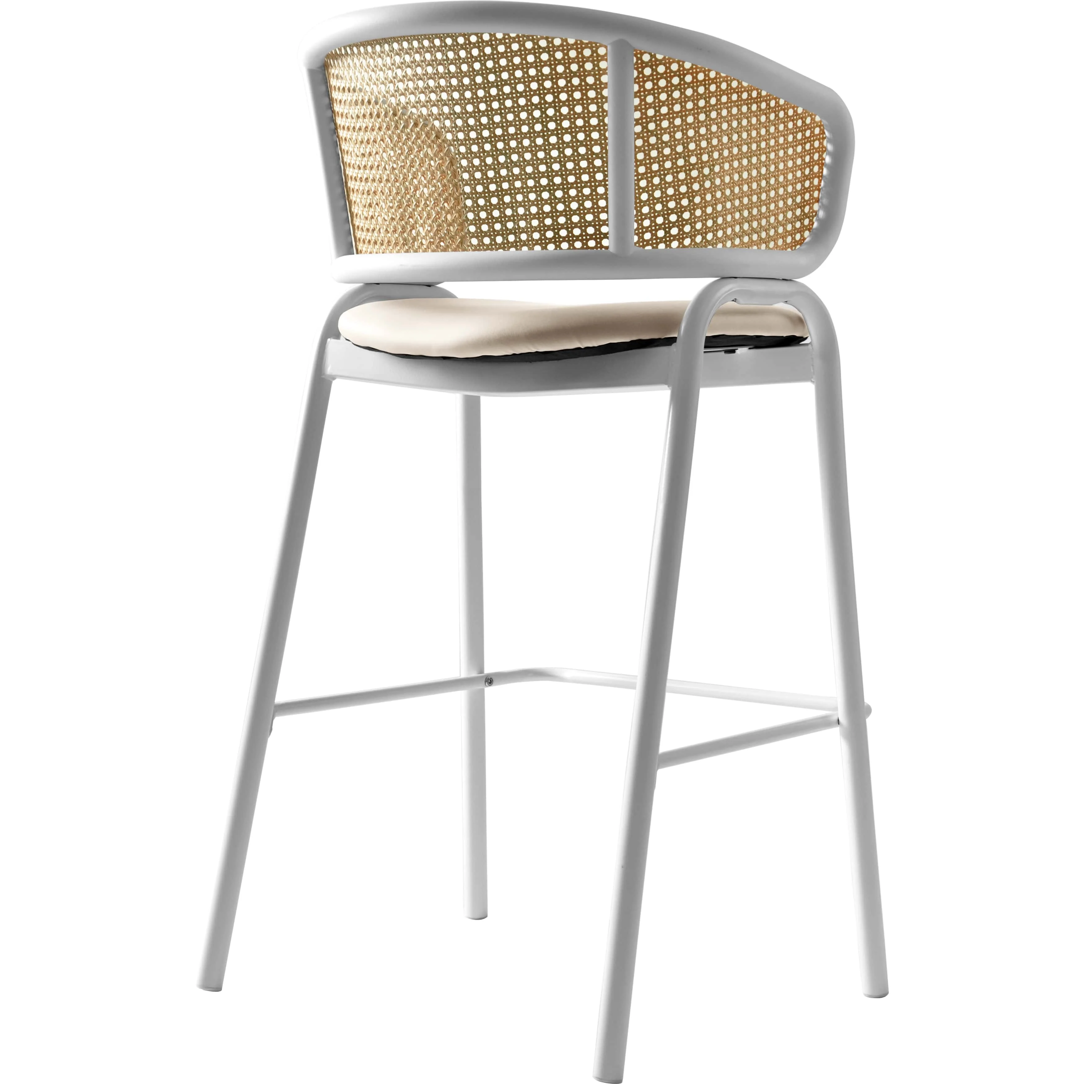 Ervilla Wicker Bar Stool with Fabric Seat and White Steel Frame - White leather - Set of 2