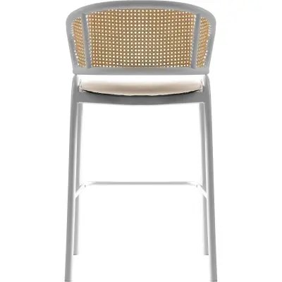 Ervilla Wicker Bar Stool with Fabric Seat and White Steel Frame - White leather - Set of 2