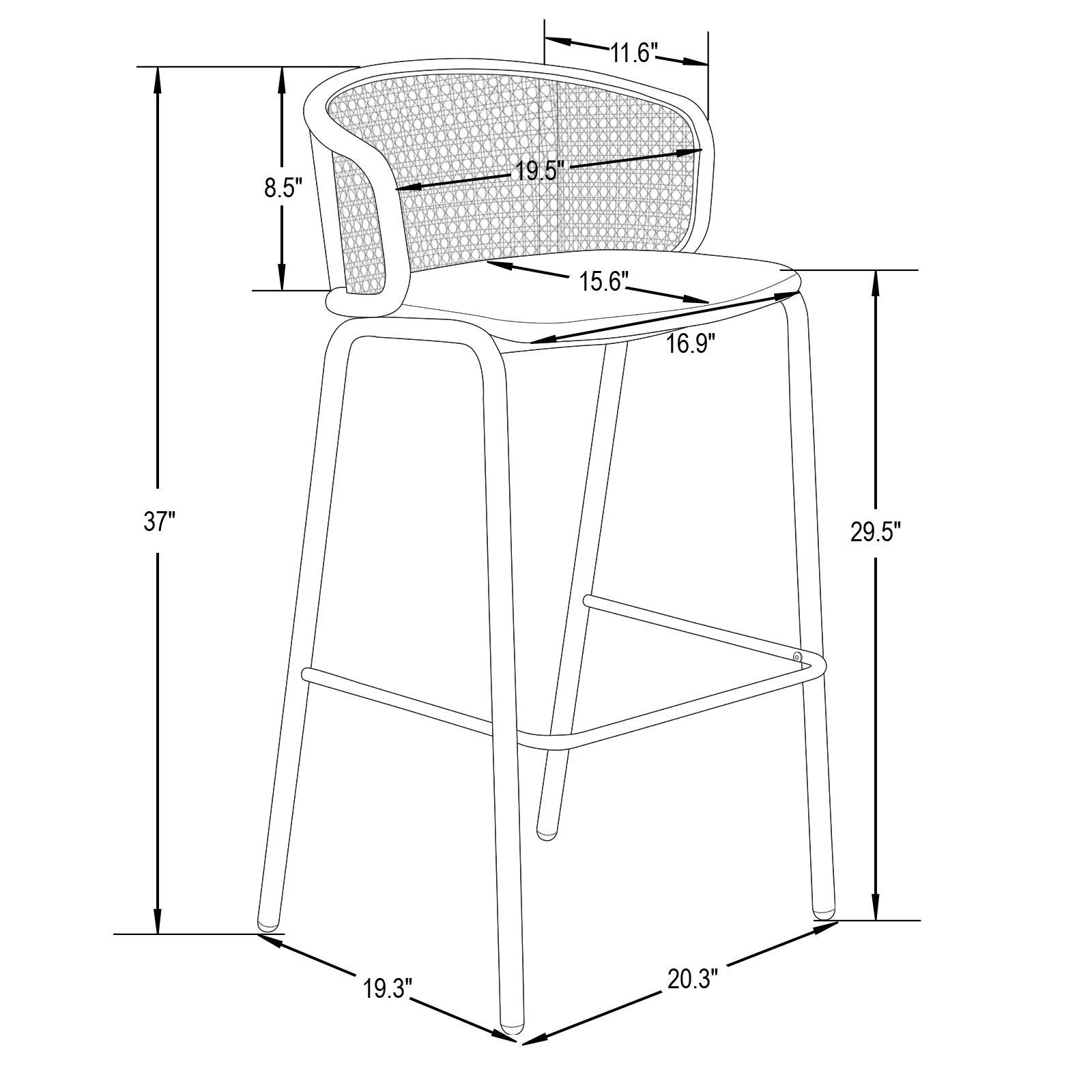 Ervilla Mid-Century Modern Wicker Bar Stool with Fabric Seat and White Powder Coated Steel Frame for Kitchen and Dining Room in White