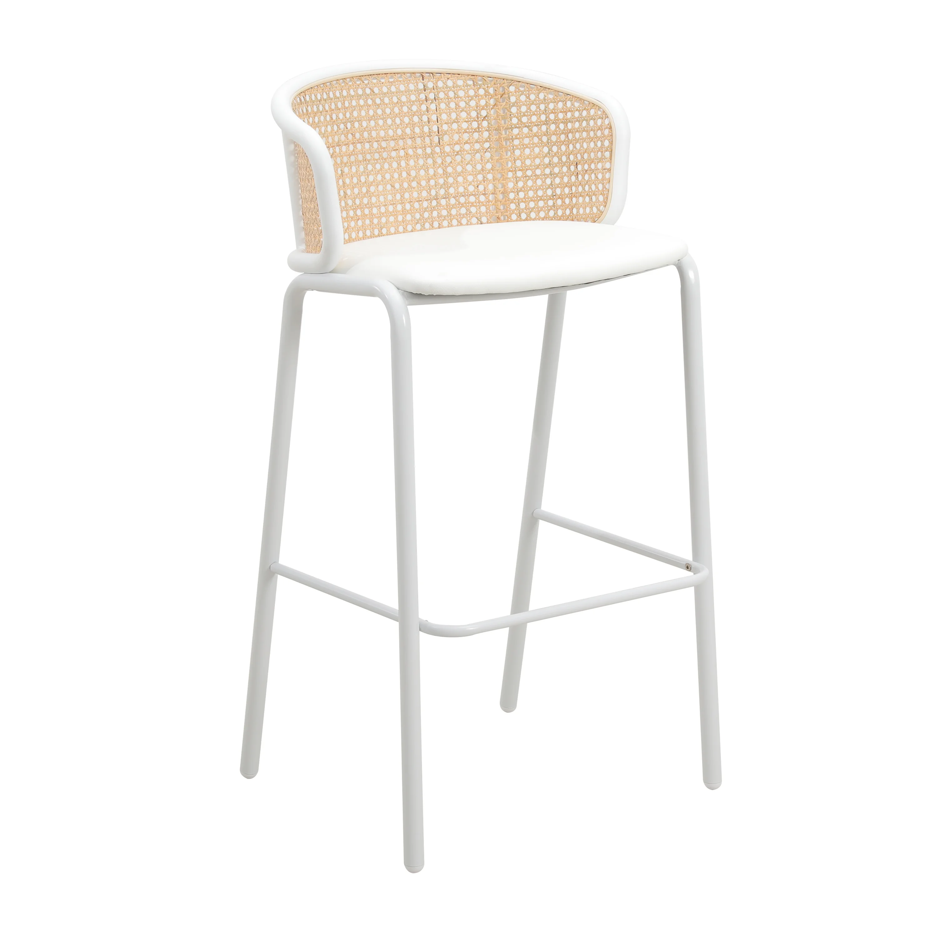 Ervilla Mid-Century Modern Wicker Bar Stool with Fabric Seat and White Powder Coated Steel Frame for Kitchen and Dining Room in White