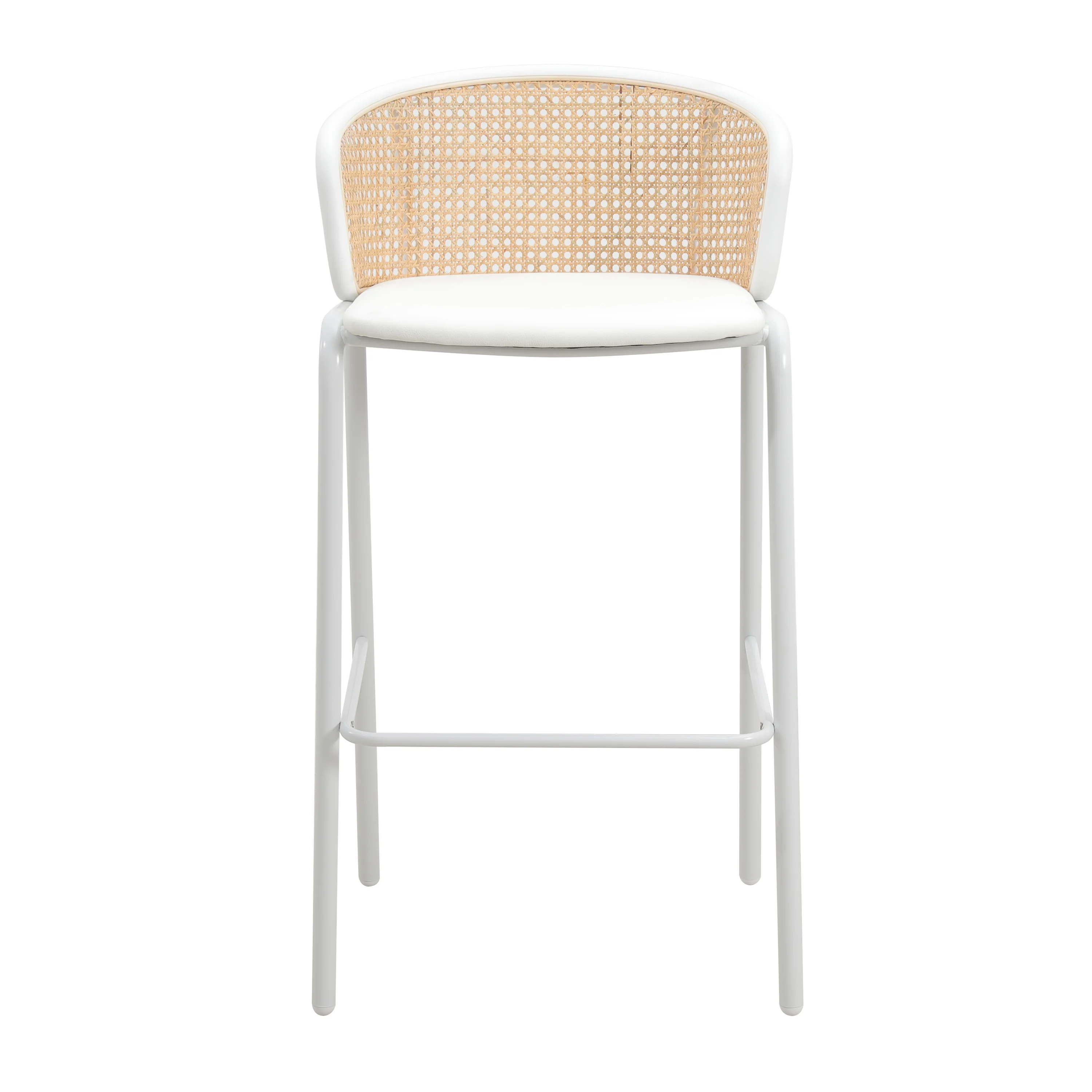 Ervilla Mid-Century Modern Wicker Bar Stool with Fabric Seat and White Powder Coated Steel Frame for Kitchen and Dining Room in White
