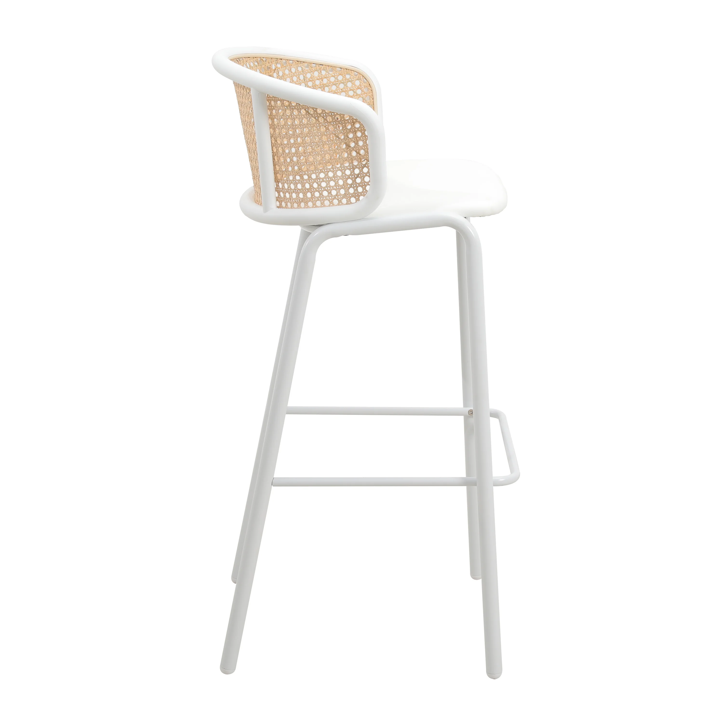 Ervilla Mid-Century Modern Wicker Bar Stool with Fabric Seat and White Powder Coated Steel Frame, Set of 2 in White