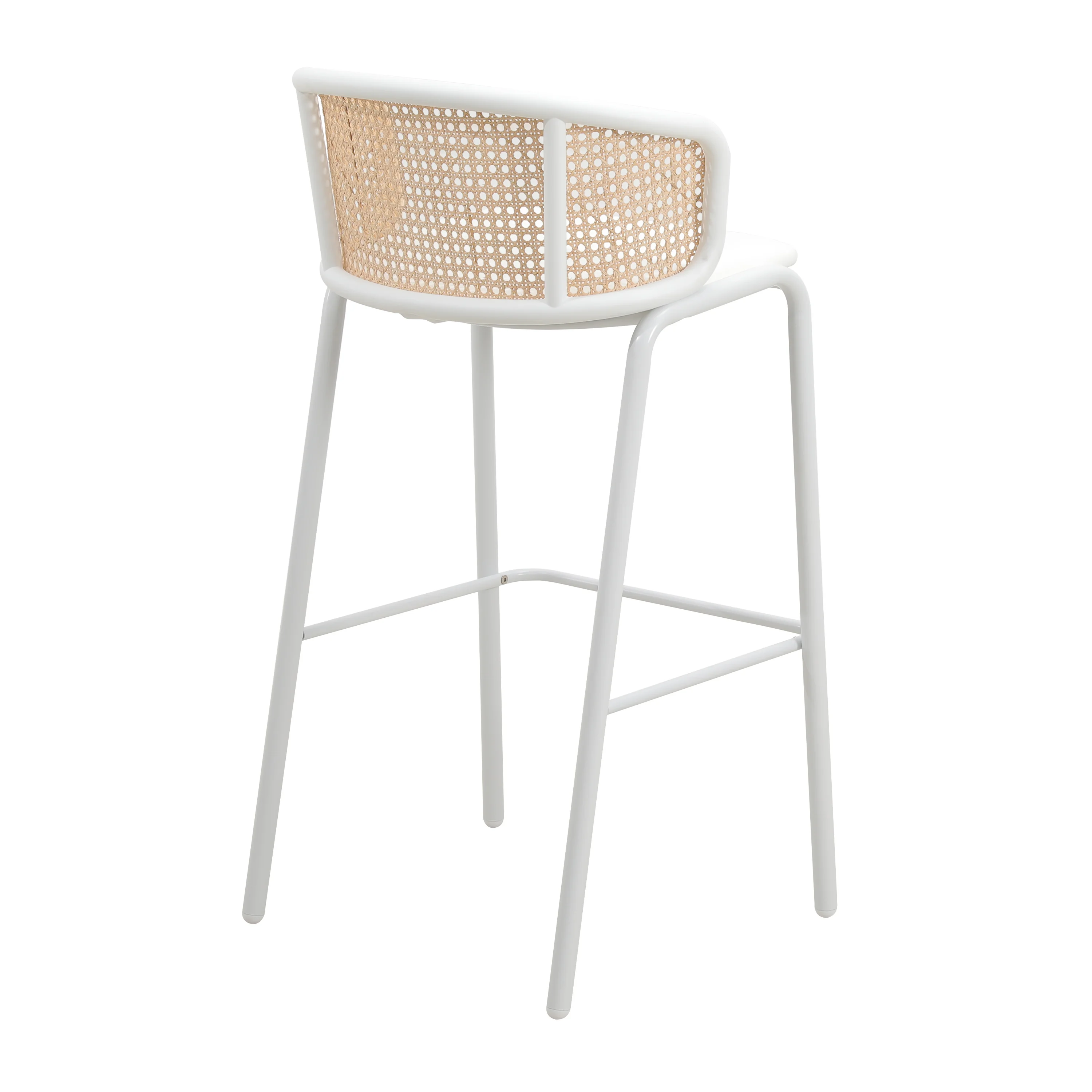 Ervilla Mid-Century Modern Wicker Bar Stool with Fabric Seat and White Powder Coated Steel Frame, Set of 2 in White