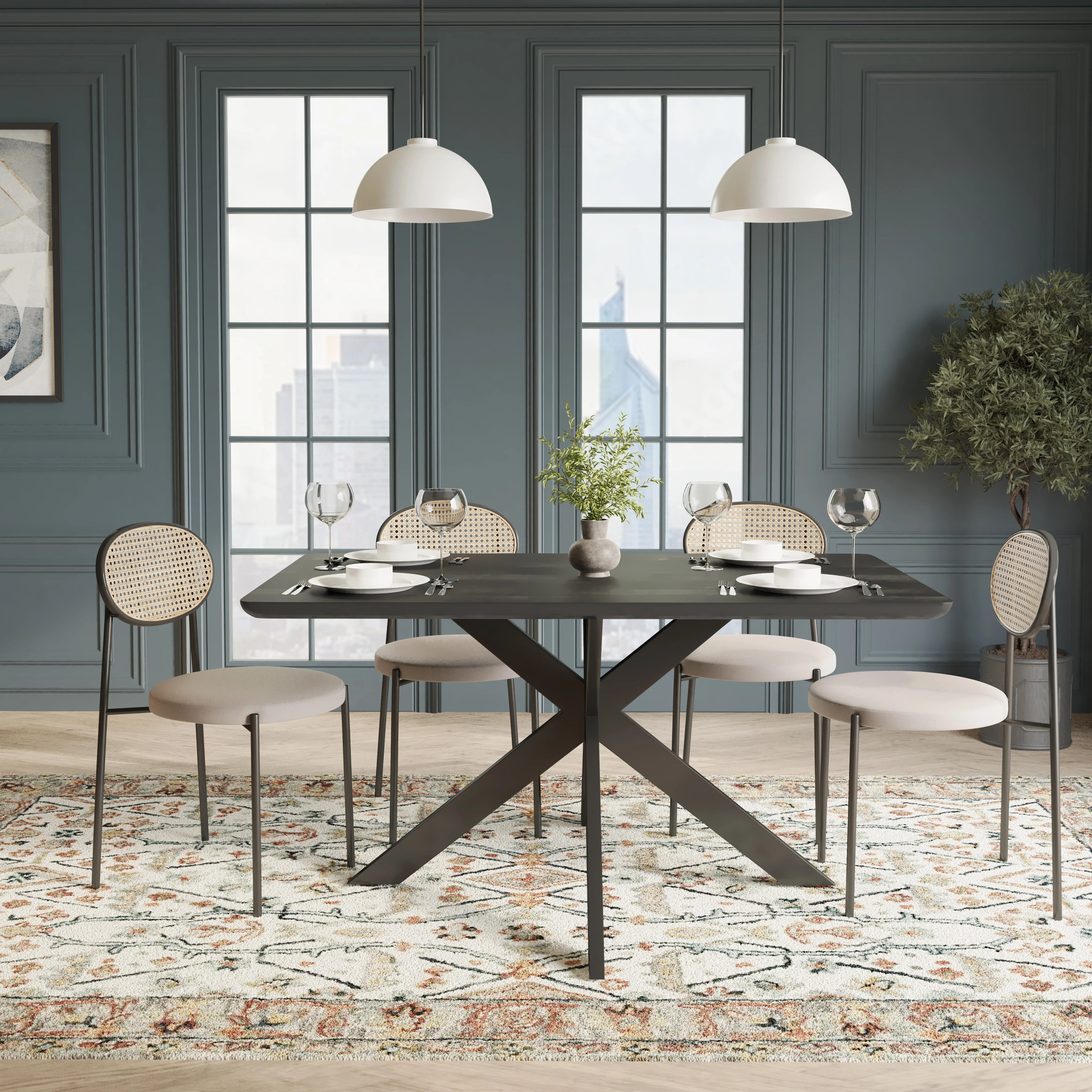 5-Piece Dining Set with 63" Rectangular Dining Table in Ebony with 4 Velvet Dining Chairs in Black Steel Legs in Beige