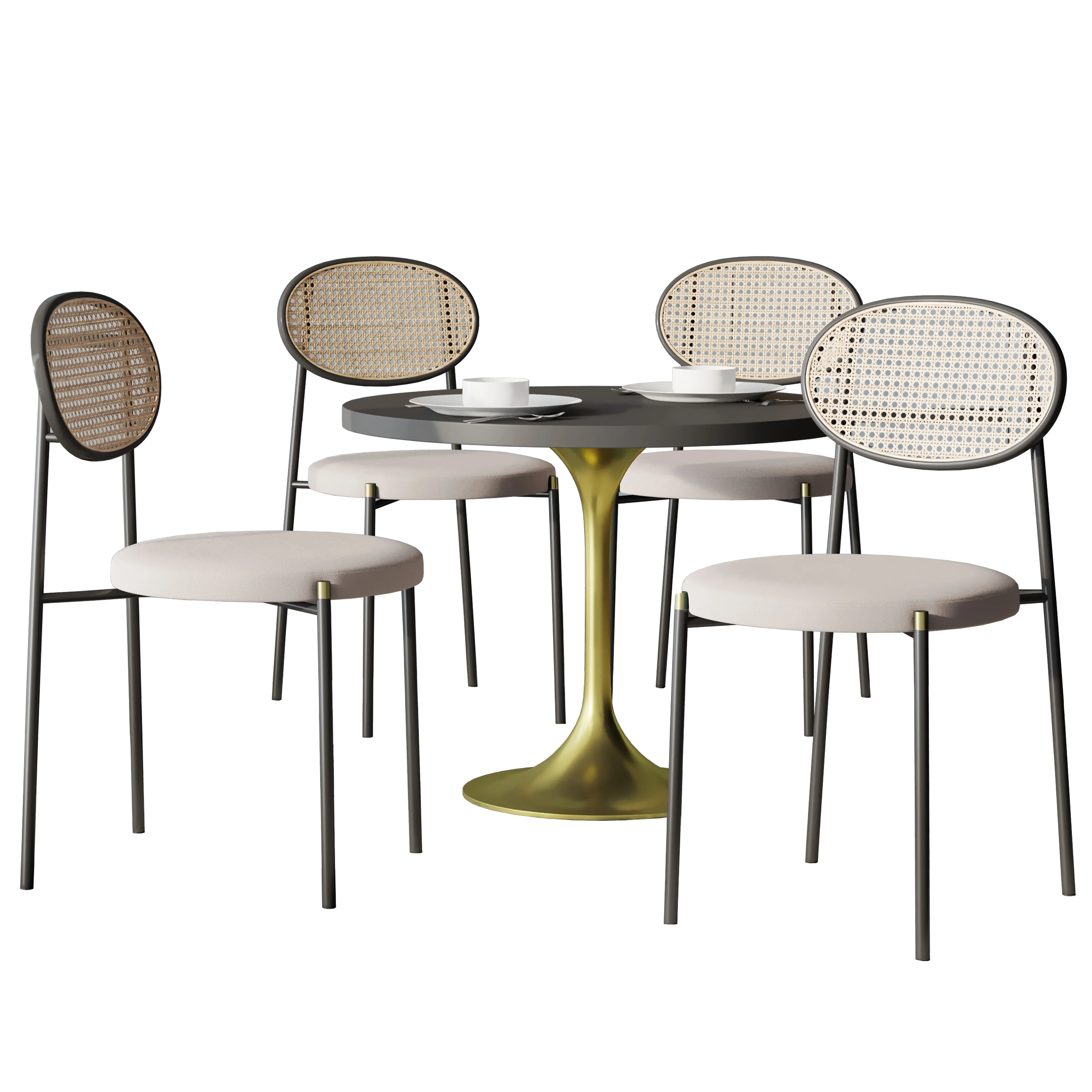 5-Piece Dining Set with 36" Round Dining Table Black MDF Top and Gold Base with 4 Velvet Dining Chairs in Black Steel Legs in Beige