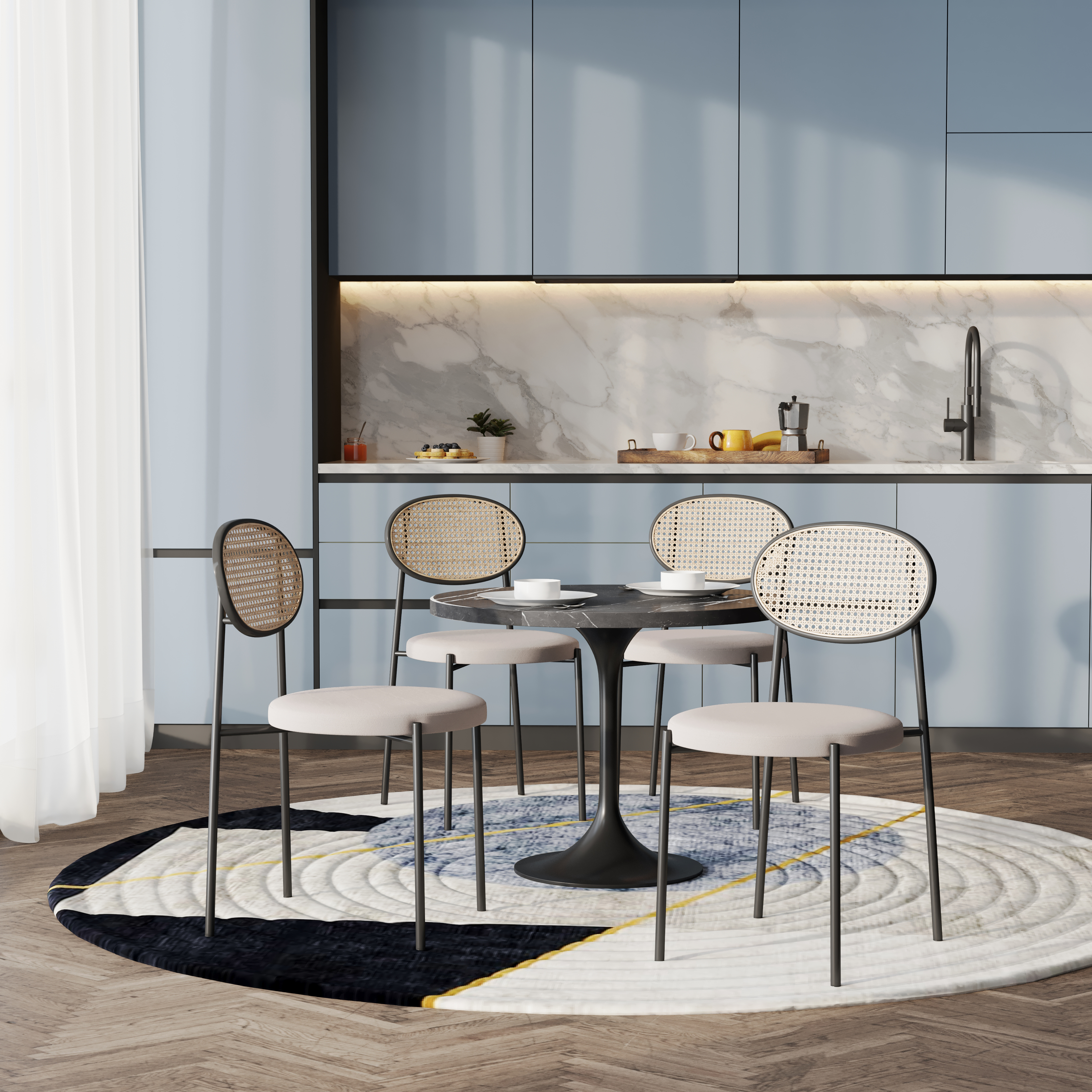 5-Piece Dining Set with 36" Round Dining Table Black Sintered Stone Top and Black Pedestal with 4 Velvet Dining Chairs in Black Steel Legs in Beige