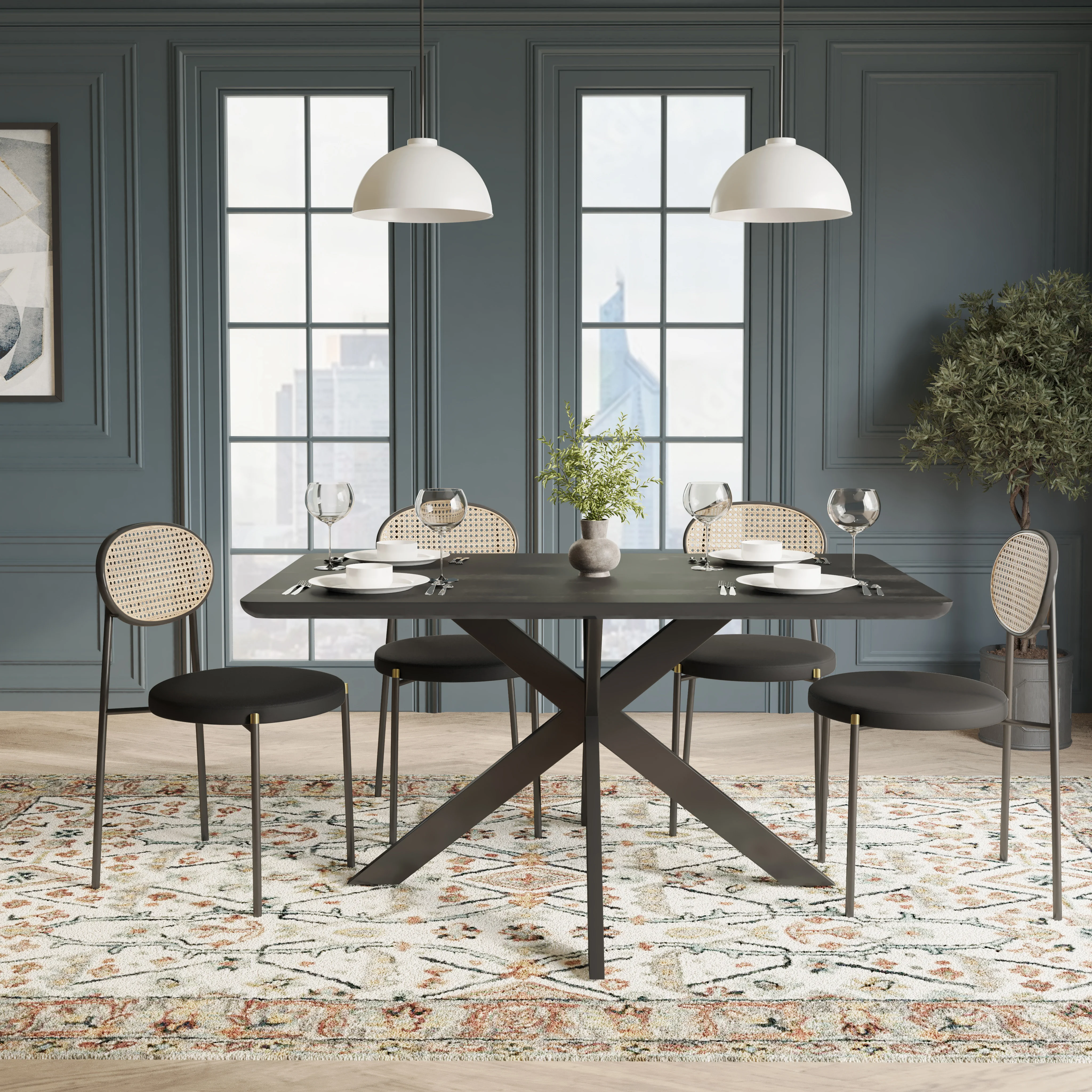5-Piece Dining Set with 63" Rectangular Dining Table in Ebony with 4 Velvet Dining Chairs in Black Steel Legs in Black