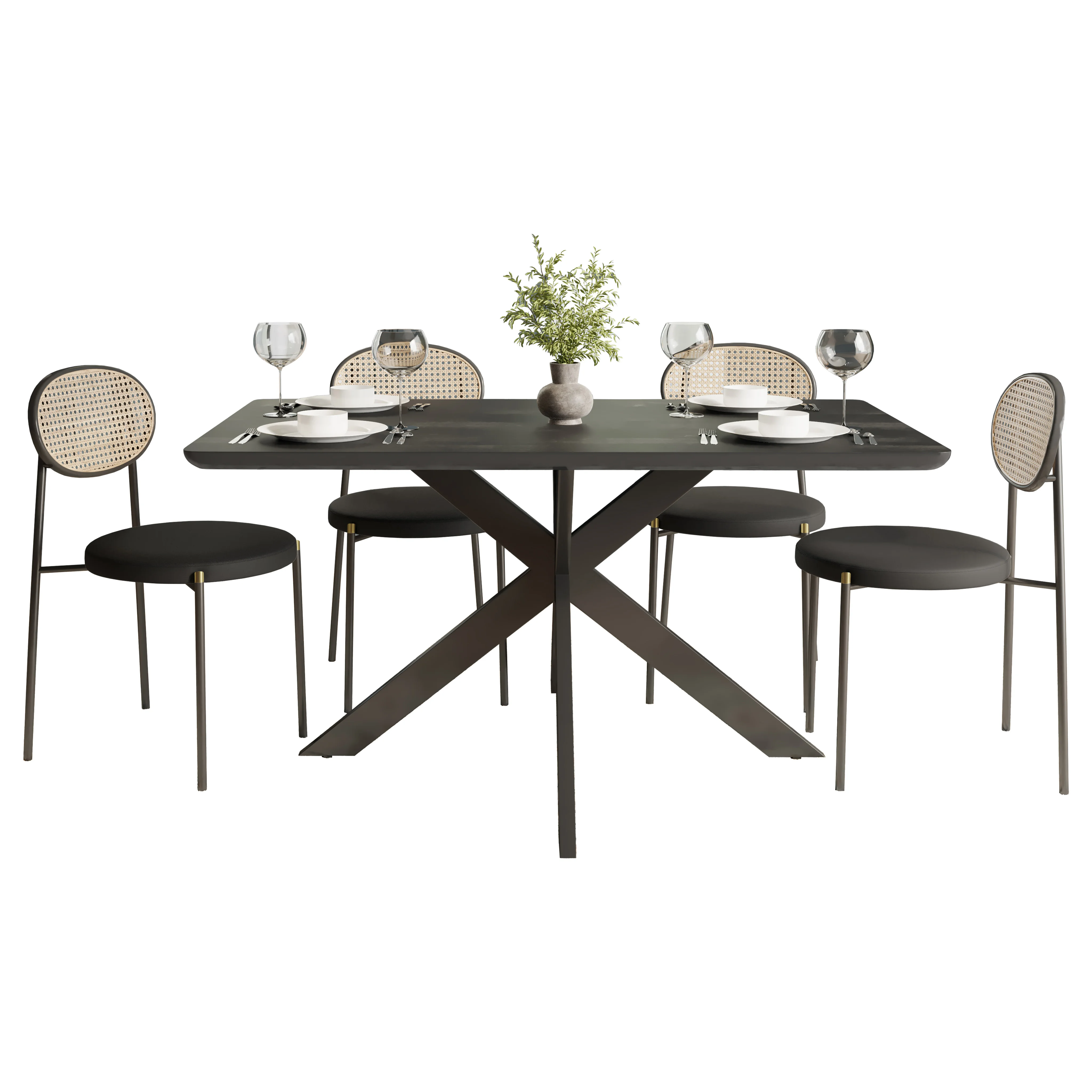 5-Piece Dining Set with 63" Rectangular Dining Table in Ebony with 4 Velvet Dining Chairs in Black Steel Legs in Black
