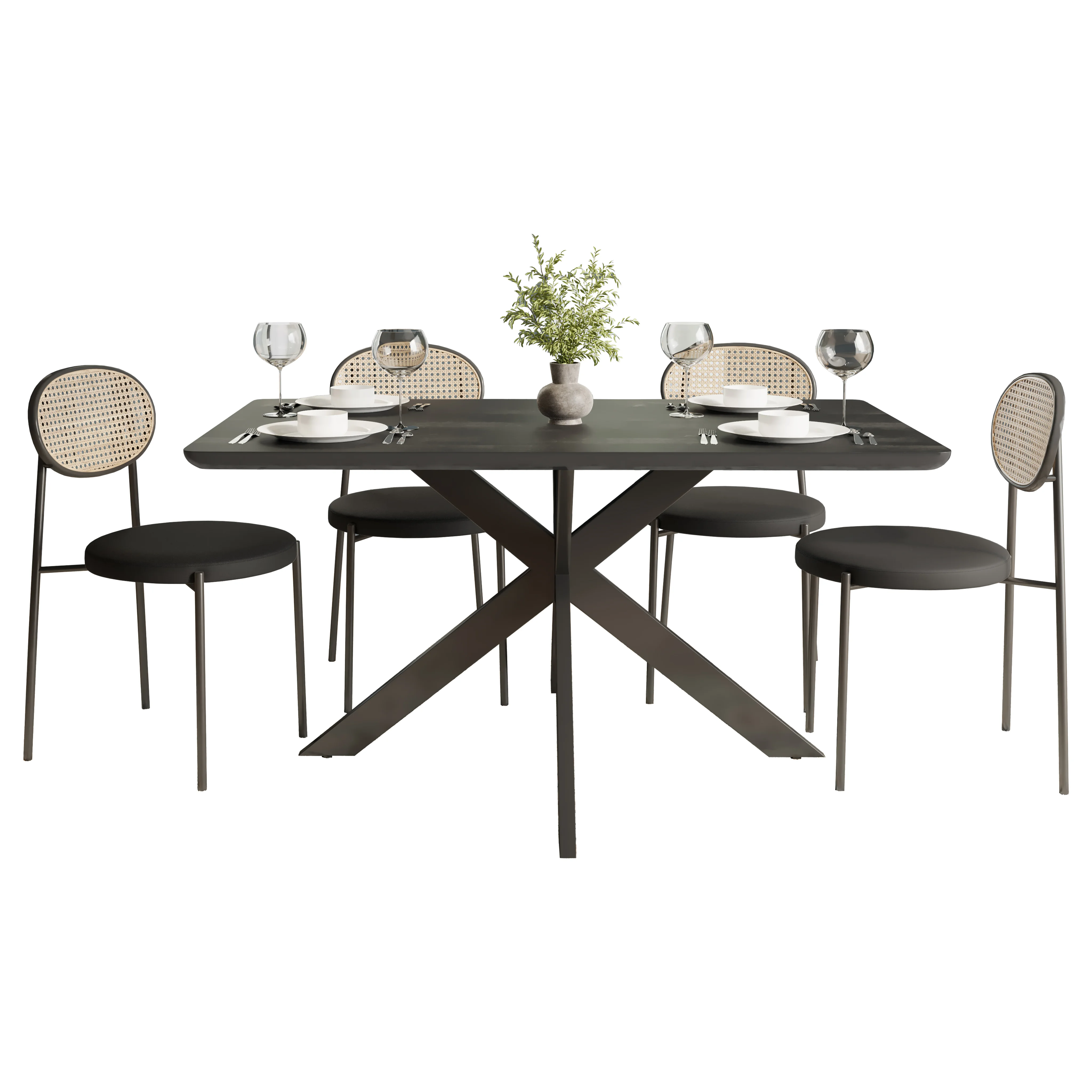 5-Piece Dining Set with 63" Rectangular Dining Table in Ebony with 4 Velvet Dining Chairs in Black Steel Legs in Black