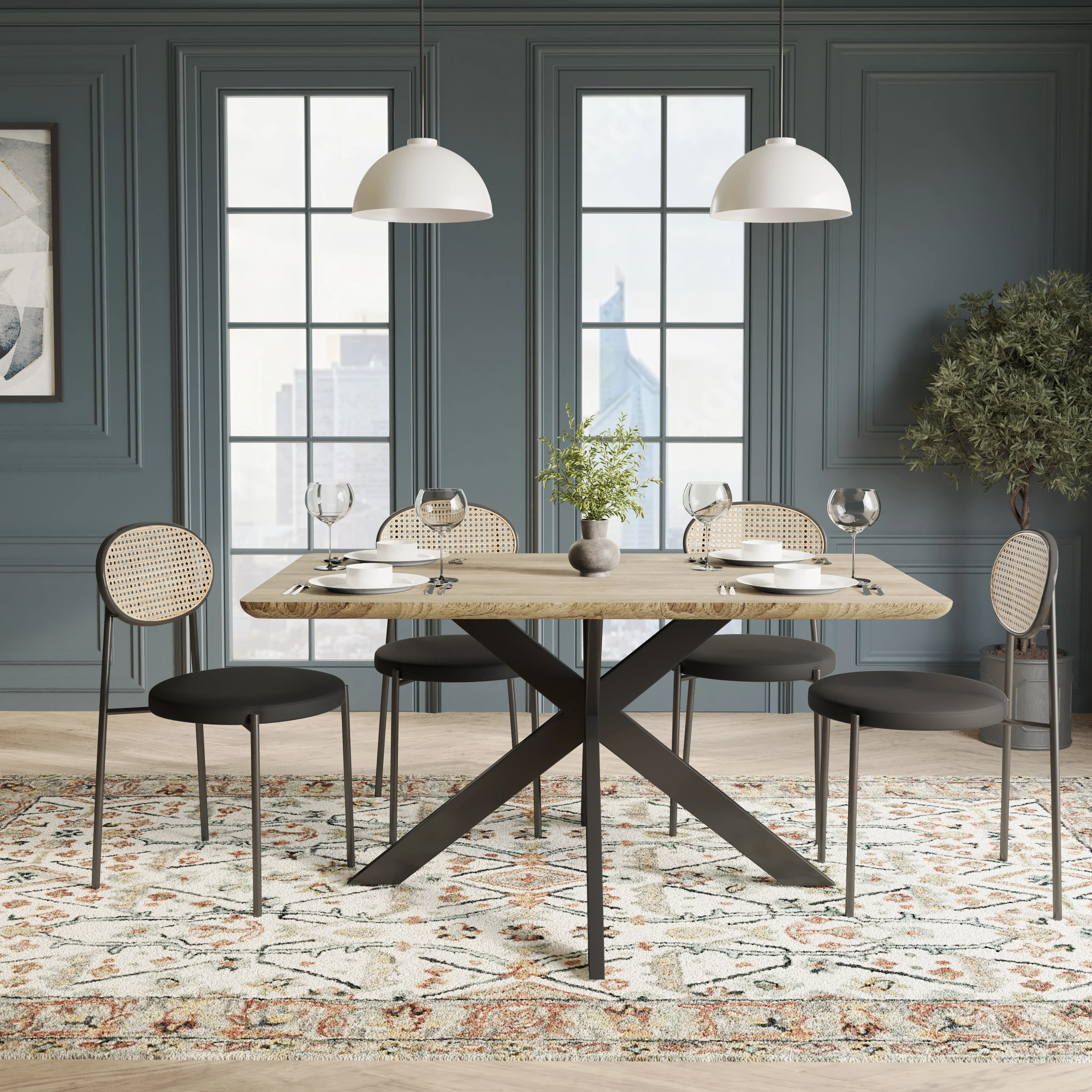 5-Piece Dining Set with 63" Rectangular Dining Table in Maple with 4 Velvet Dining Chairs in Black Steel Legs in Black