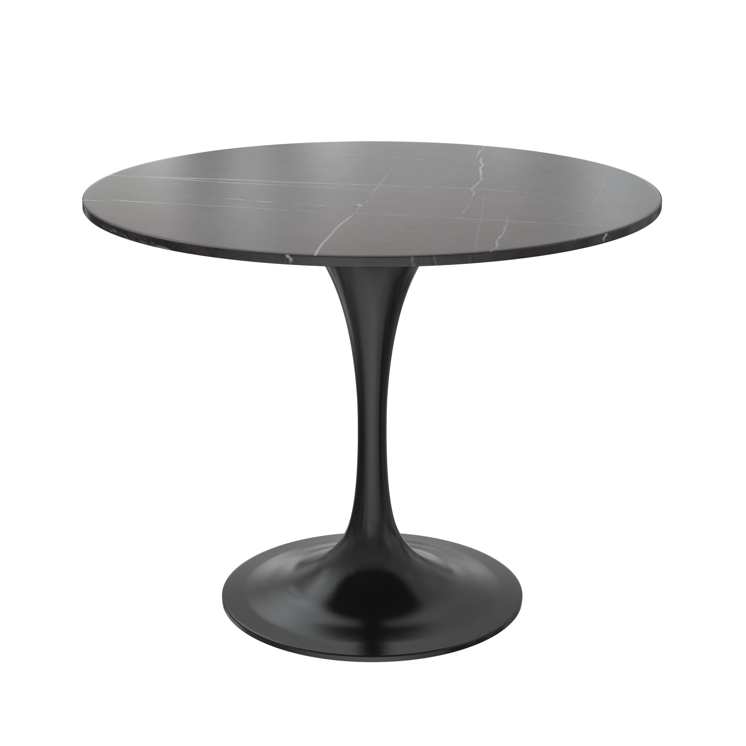 5-Piece Dining Set with 36" Round Dining Table Black Sintered Stone Top and Black Pedestal with 4 Velvet Dining Chairs in Black Steel Legs in Black