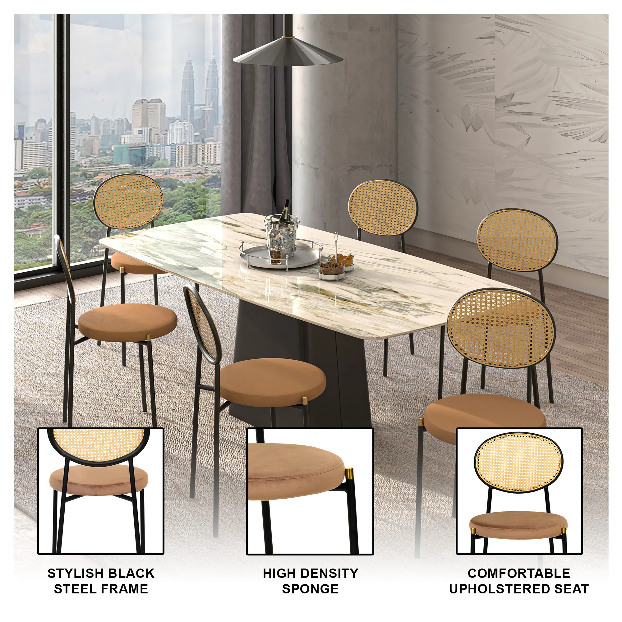 Euston Modern Wicker Dining Chair with Velvet Round Seat Set of 2