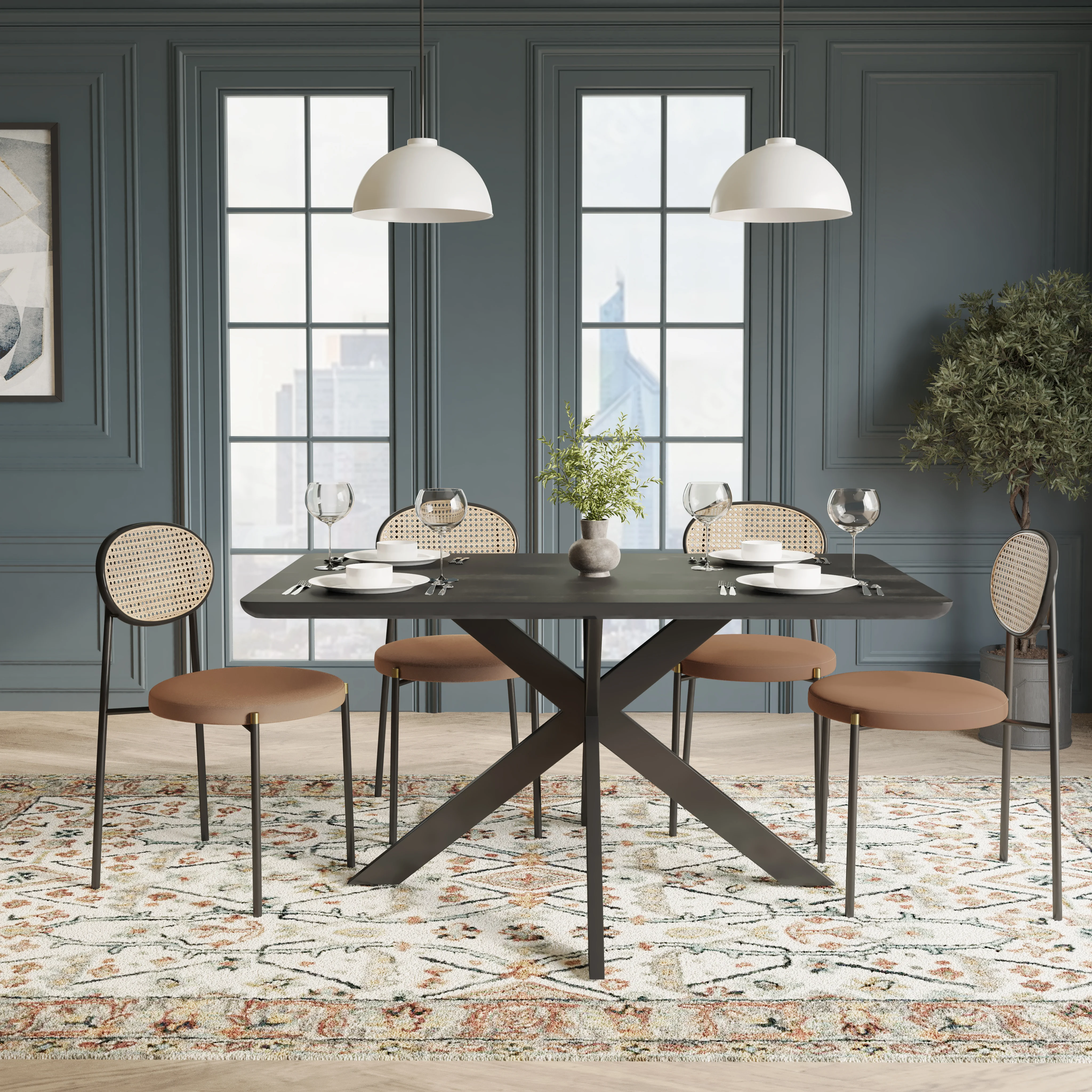 5-Piece Dining Set with 63" Rectangular Dining Table in Ebony with 4 Velvet Dining Chairs in Black Steel Legs in Brown