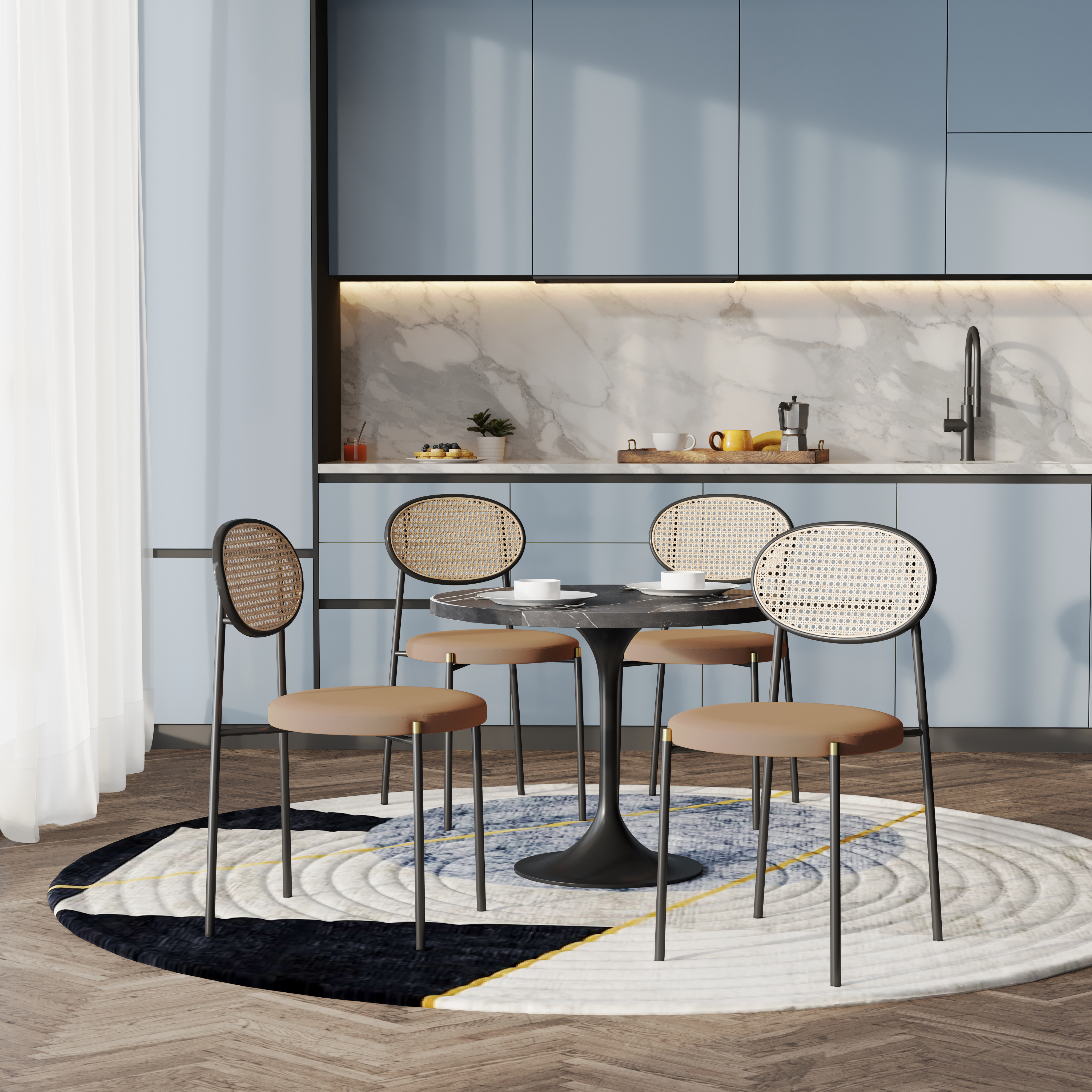 5-Piece Dining Set with 36" Round Dining Table Black Sintered Stone Top and Black Pedestal with 4 Velvet Dining Chairs in Black Steel Legs in Brown