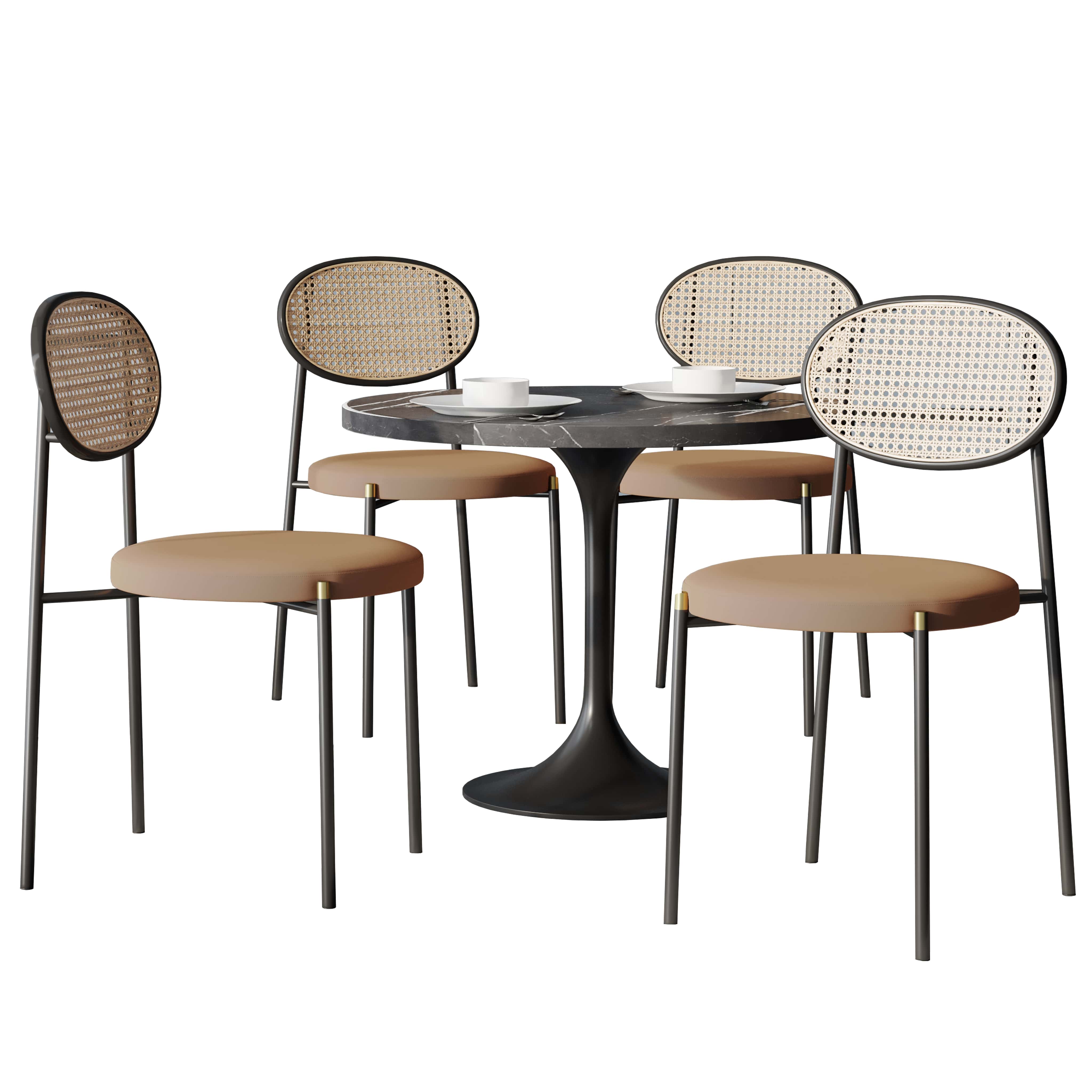 5-Piece Dining Set with 36" Round Dining Table Black Sintered Stone Top and Black Pedestal with 4 Velvet Dining Chairs in Black Steel Legs in Brown