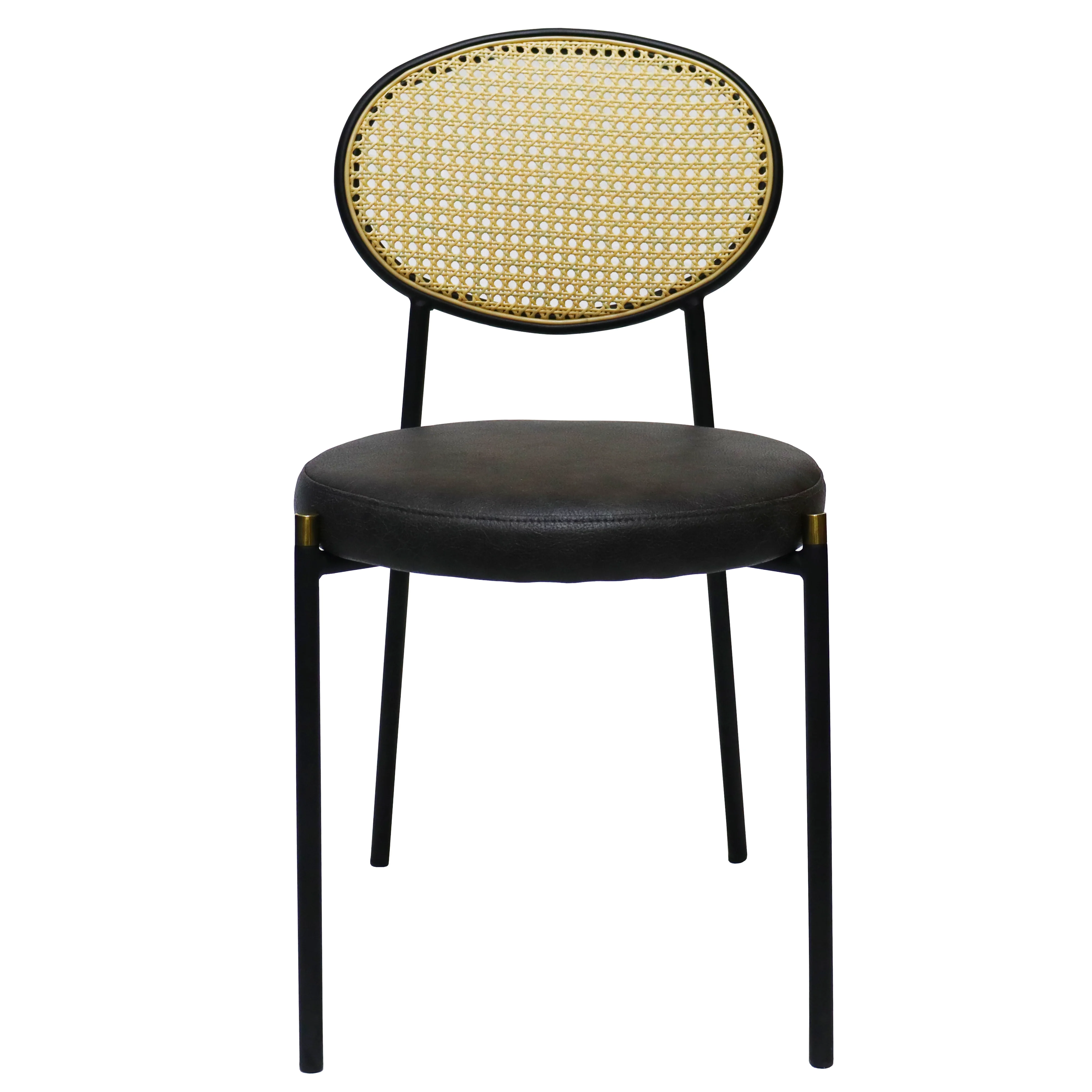 Euston Modern Wicker Dining Chair with Black Frame and Leather Seat in Charcoal