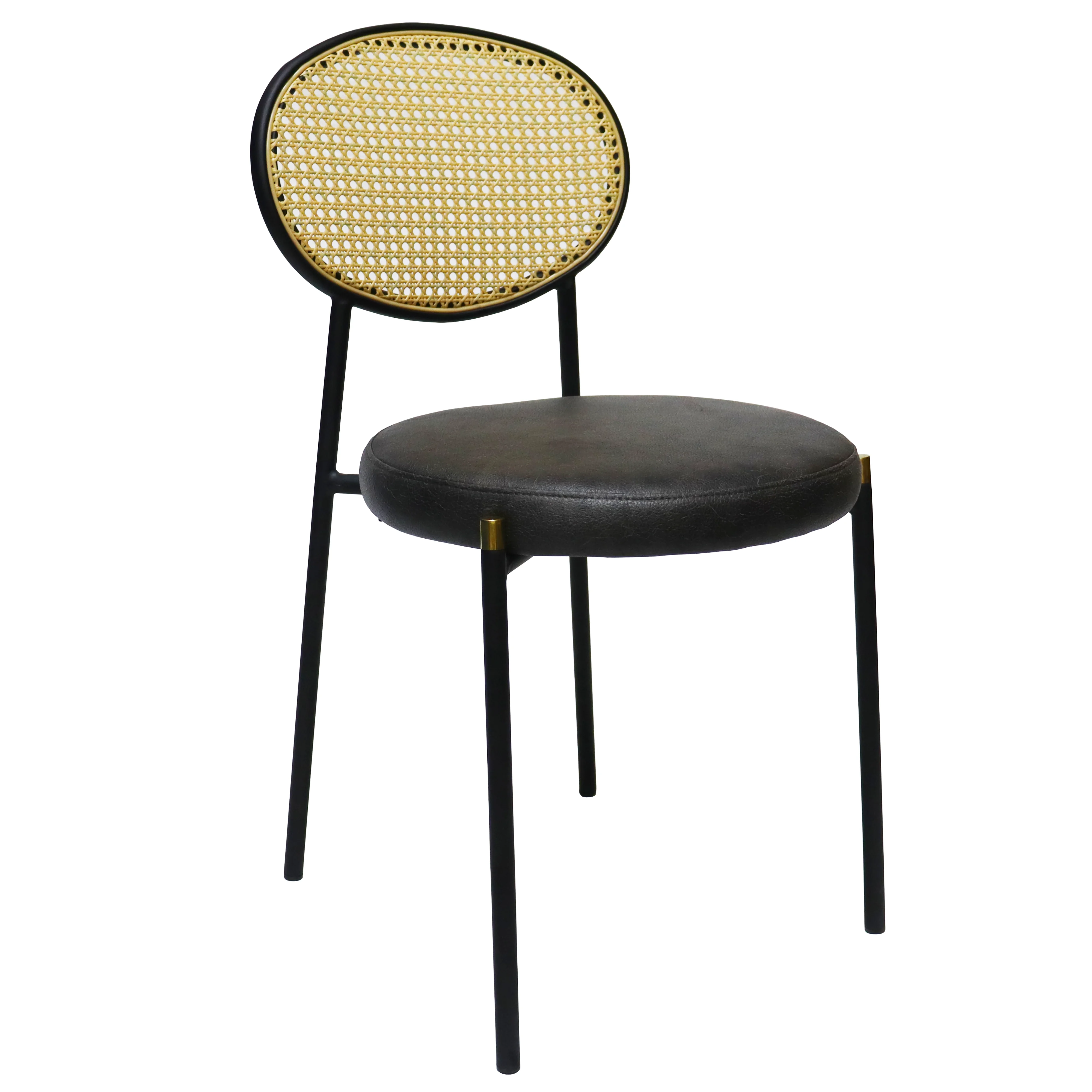 Euston Modern Wicker Dining Chair with Black Frame and Leather Seat in Charcoal