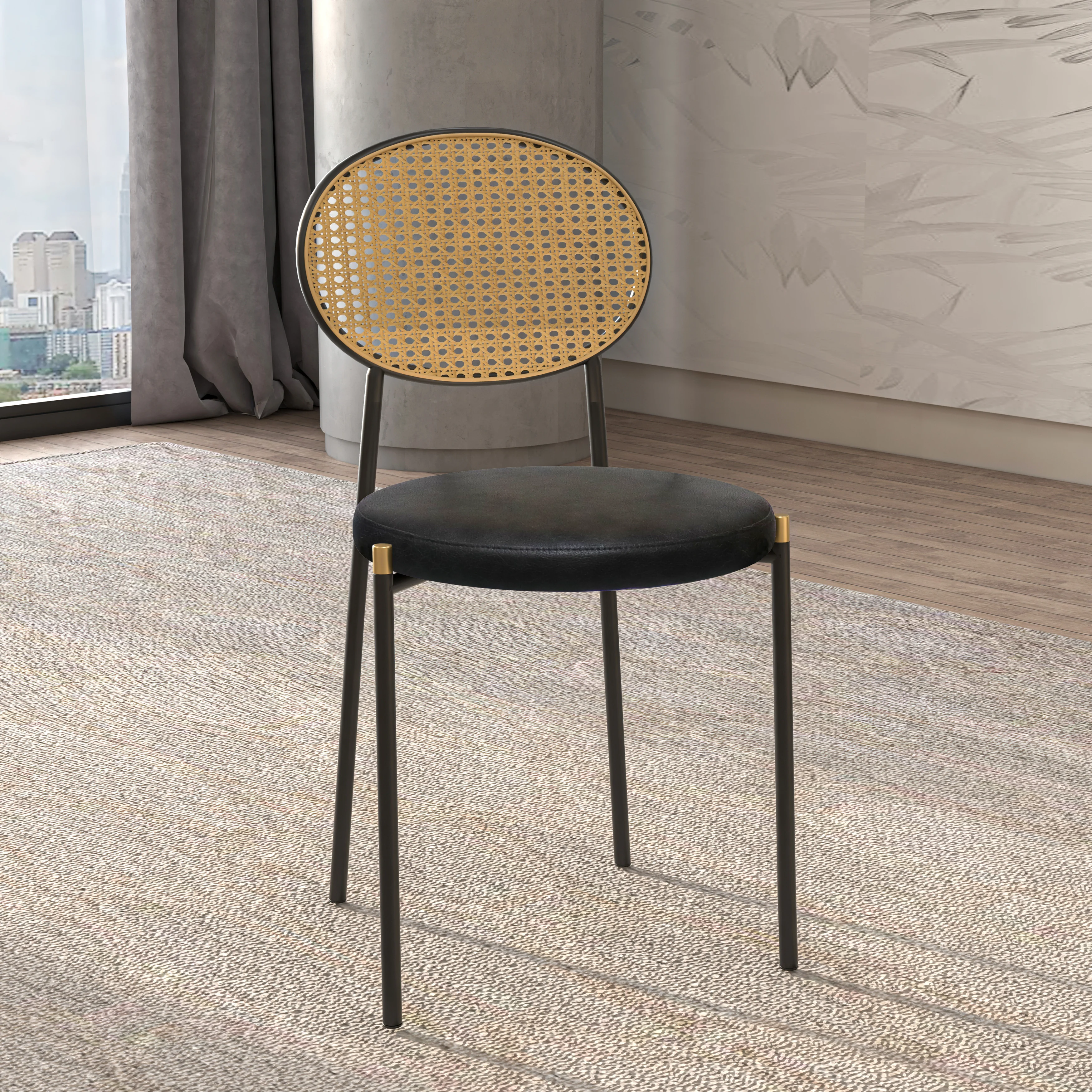 Euston Modern Wicker Dining Chair with Black Frame and Leather Seat in Charcoal