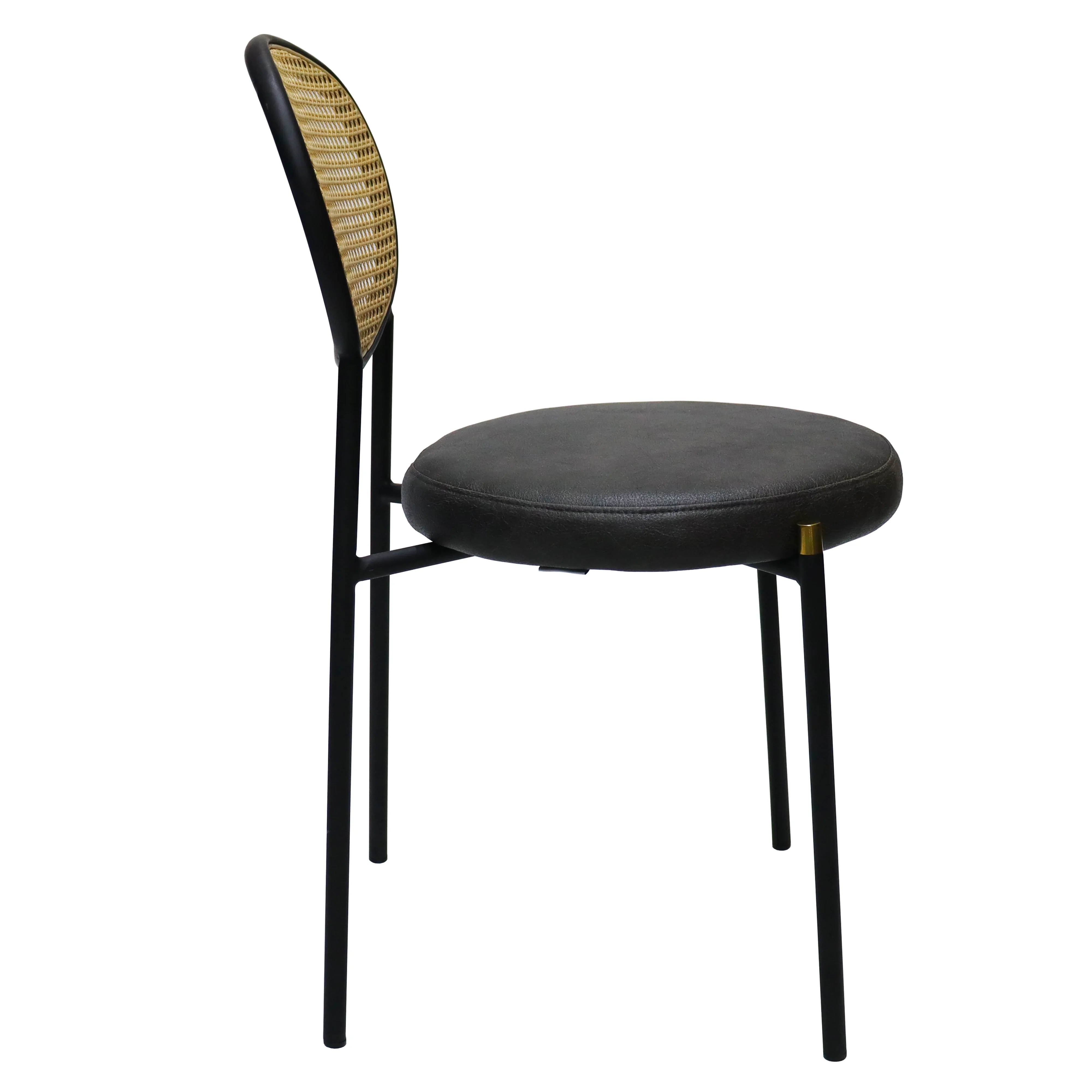 Euston Modern Wicker Dining Chair with Black Frame and Leather Seat in Charcoal