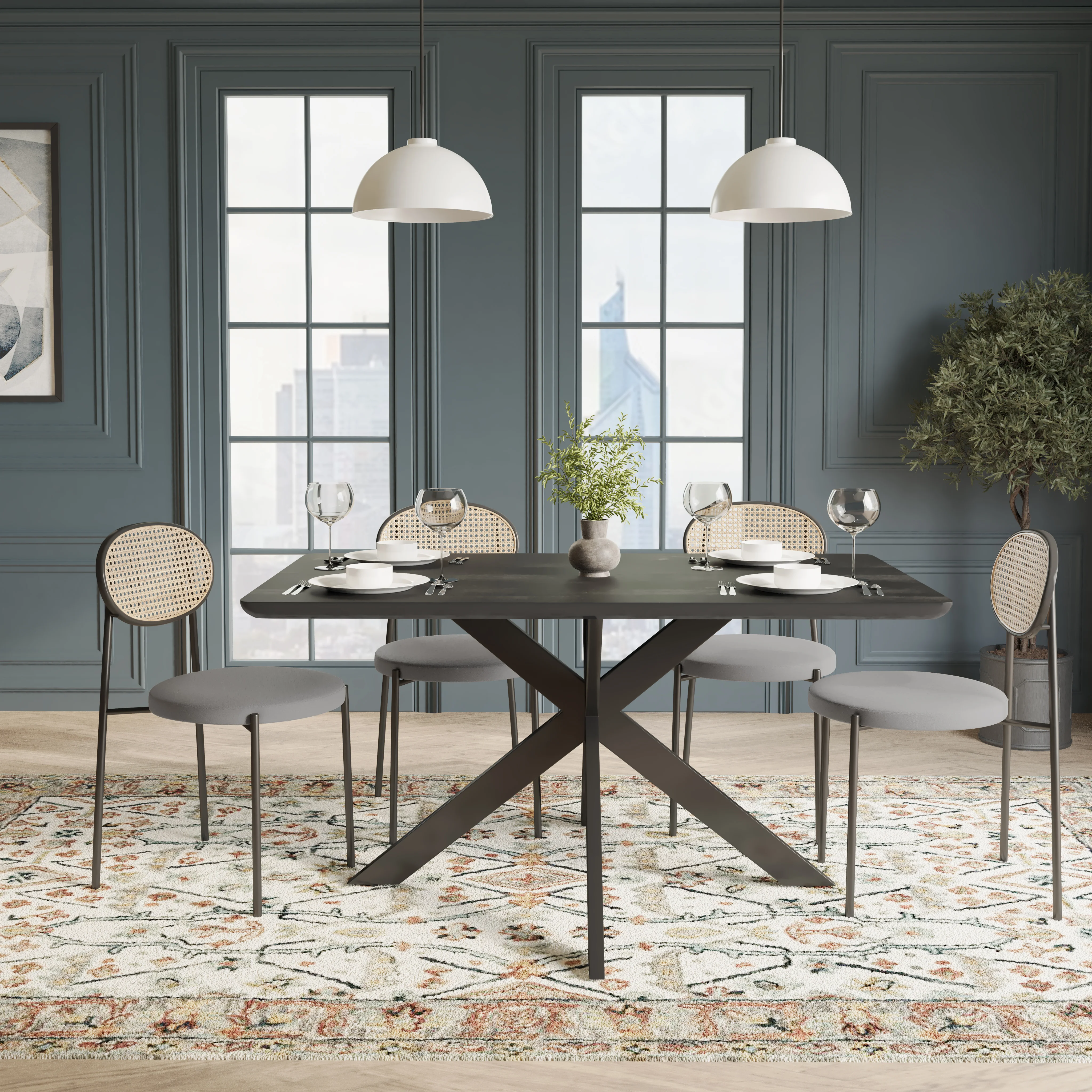 5-Piece Dining Set with 63" Rectangular Dining Table in Ebony with 4 Velvet Dining Chairs in Black Steel Legs in Grey
