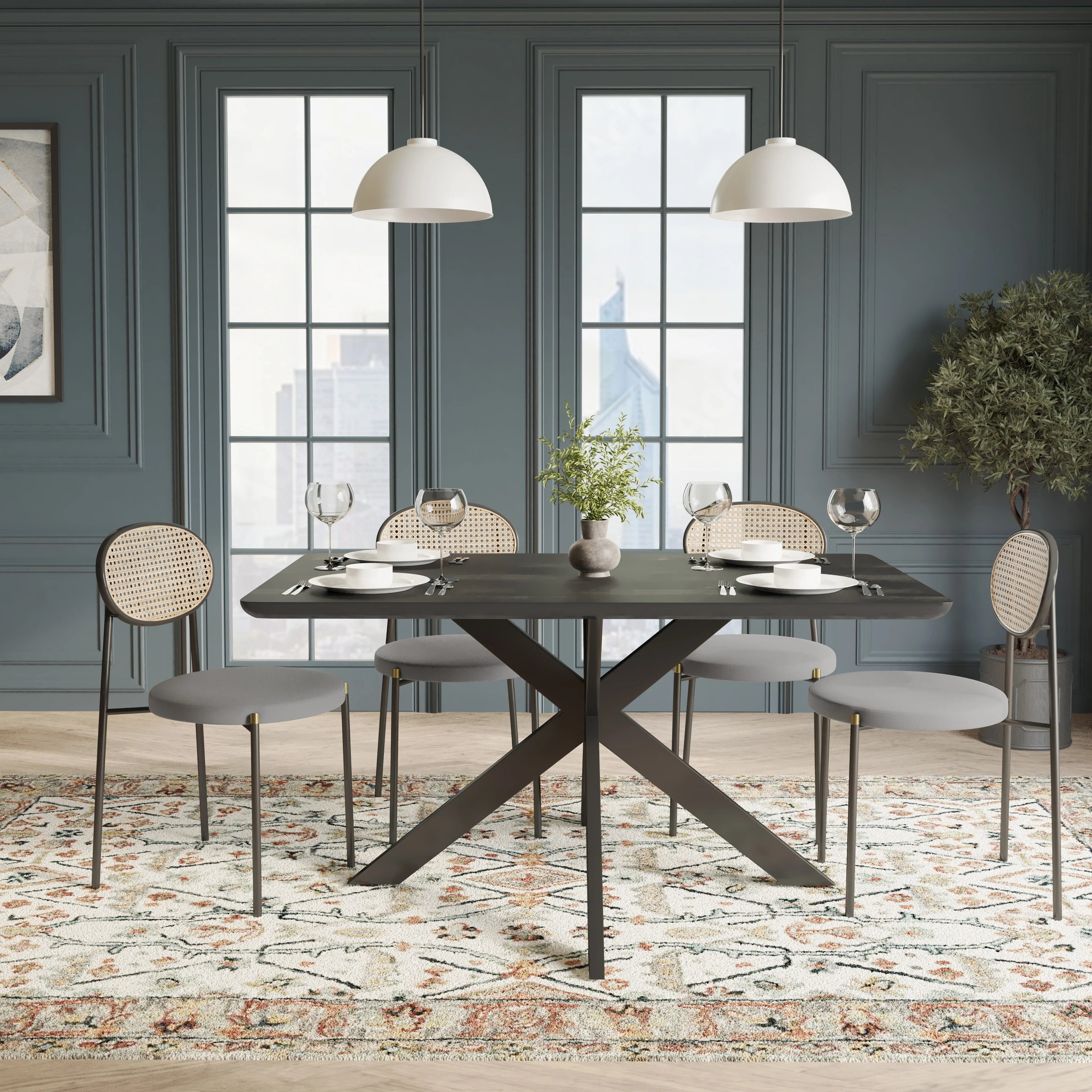 5-Piece Dining Set with 63" Rectangular Dining Table in Ebony with 4 Velvet Dining Chairs in Black Steel Legs in Grey