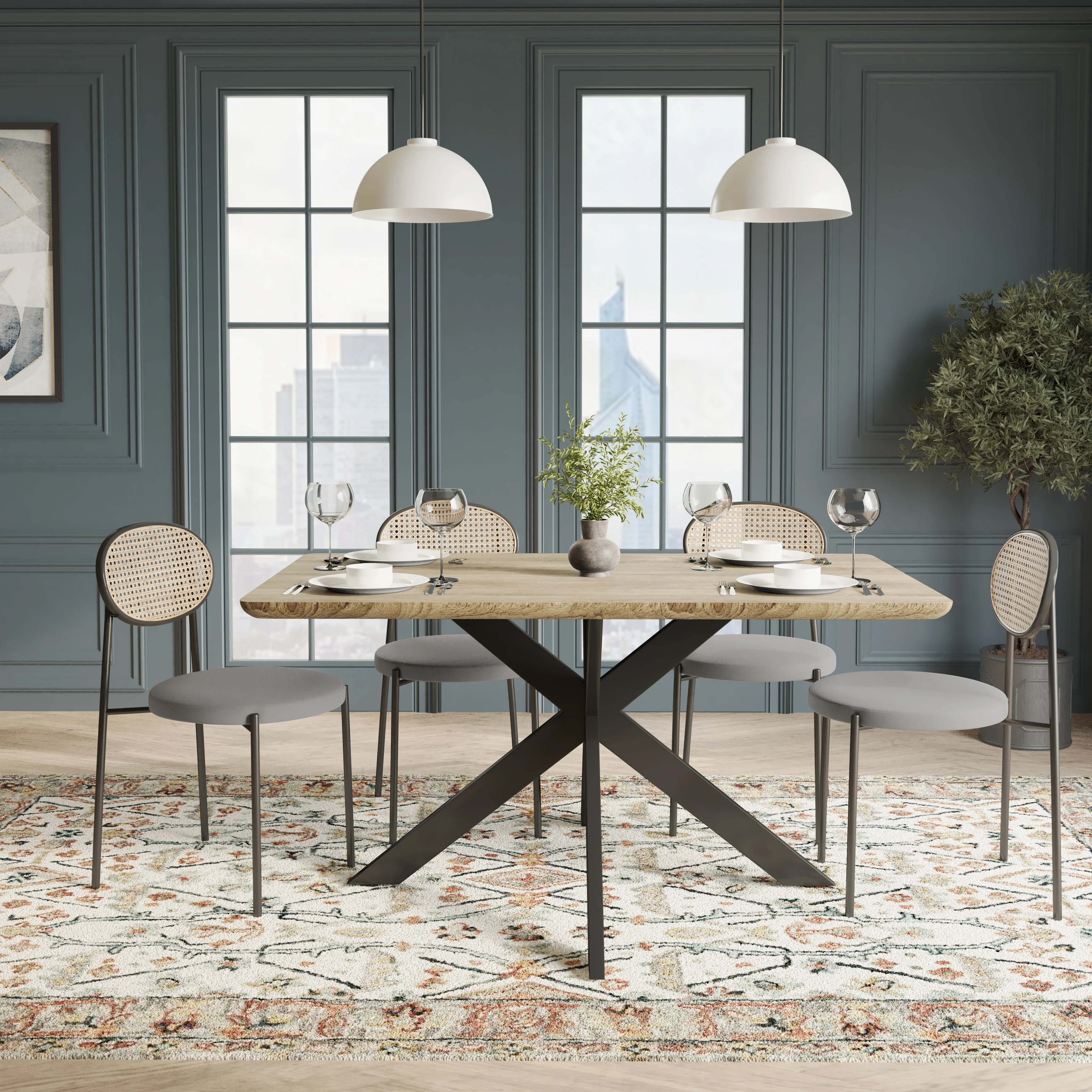 5-Piece Dining Set with 63" Rectangular Dining Table in Maple with 4 Velvet Dining Chairs in Black Steel Legs in Grey