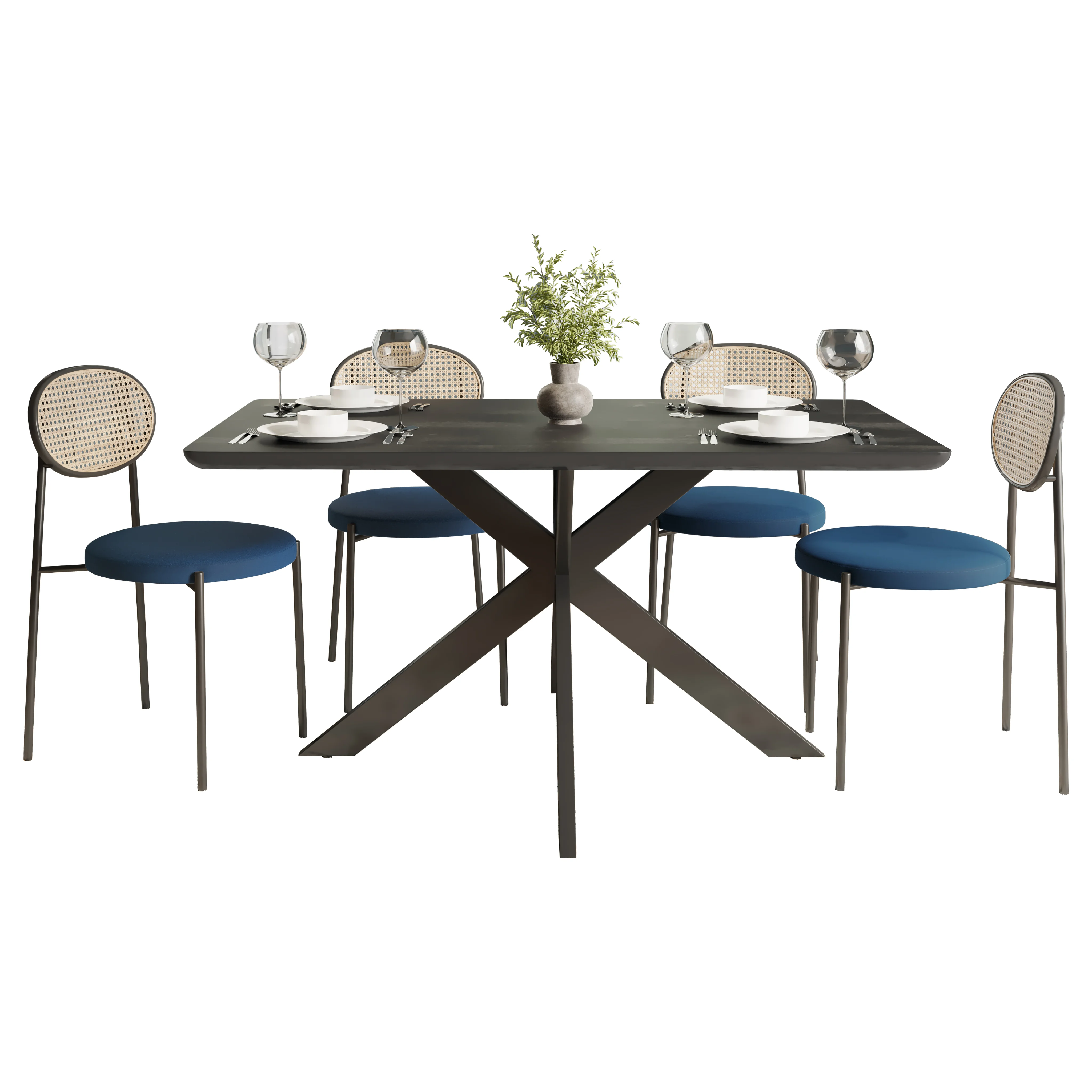 5-Piece Dining Set with 63" Rectangular Dining Table in Ebony with 4 Velvet Dining Chairs in Black Steel Legs in Navy Blue