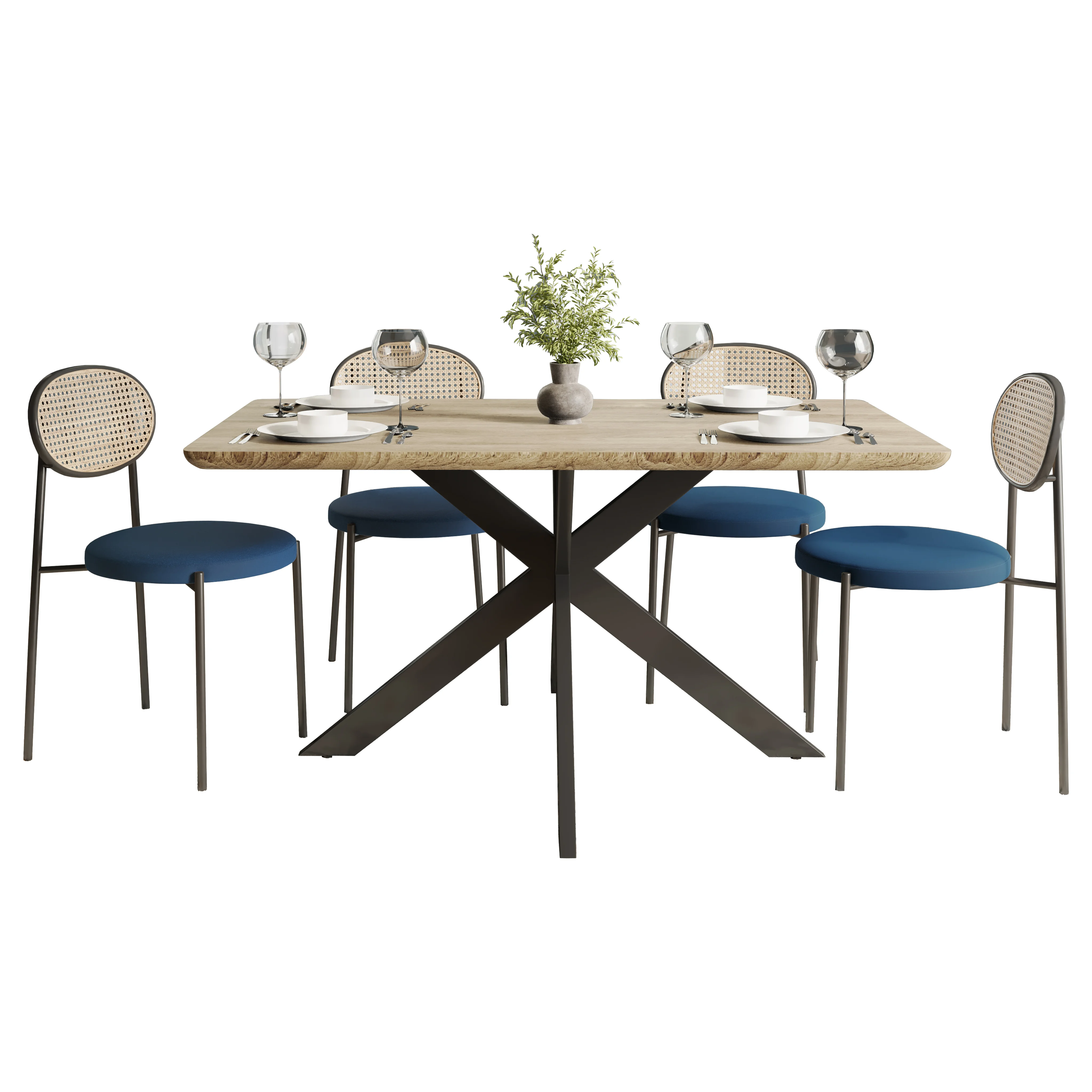 5-Piece Dining Set with 63" Rectangular Dining Table in Maple with 4 Velvet Dining Chairs in Black Steel Legs in Navy Blue