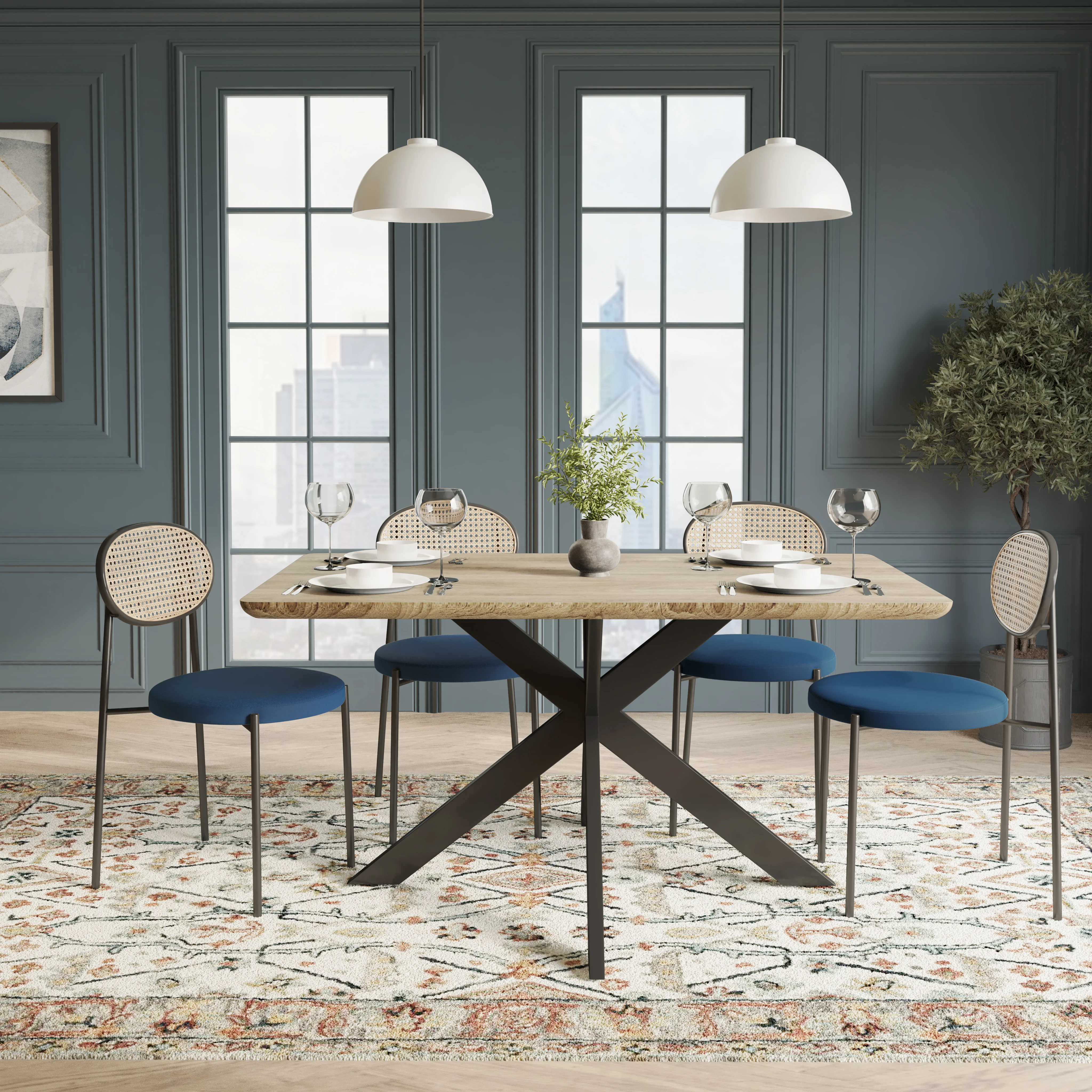 5-Piece Dining Set with 63" Rectangular Dining Table in Maple with 4 Velvet Dining Chairs in Black Steel Legs in Navy Blue