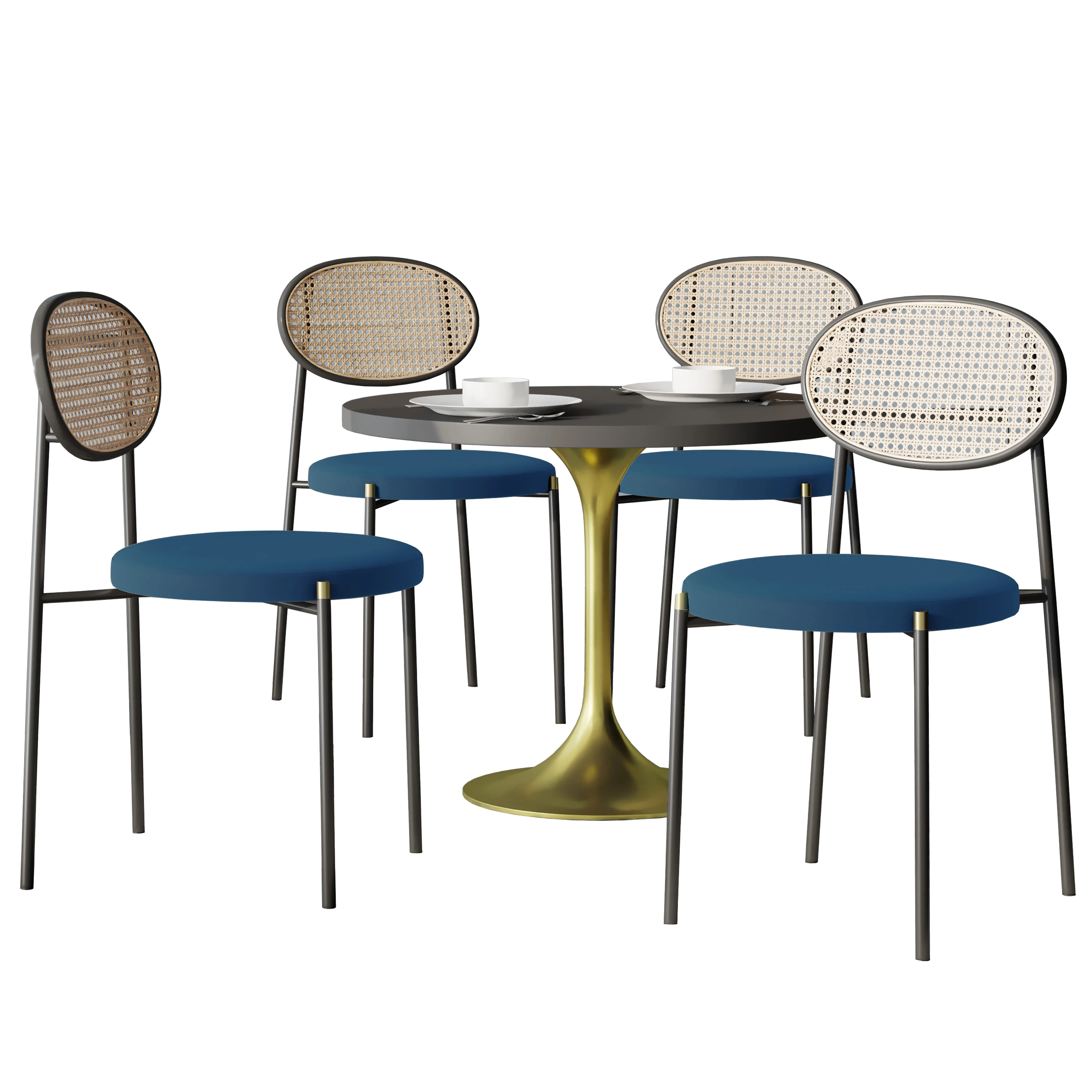 5-Piece Dining Set with 36" Round Dining Table Black MDF Top and Gold Base with 4 Velvet Dining Chairs in Black Steel Legs in Navy Blue