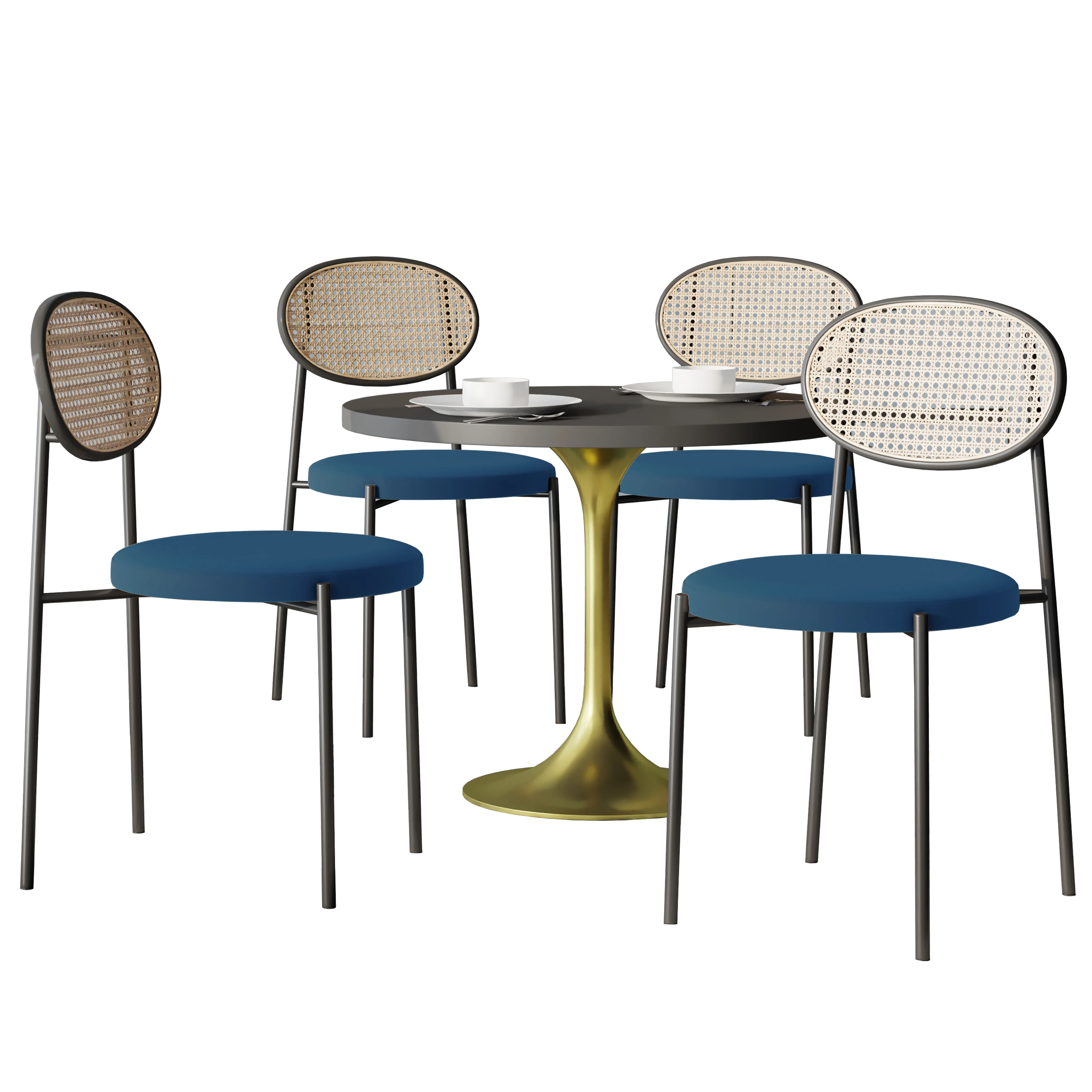 5-Piece Dining Set with 36" Round Dining Table Black MDF Top and Gold Base with 4 Velvet Dining Chairs in Black Steel Legs in Navy Blue