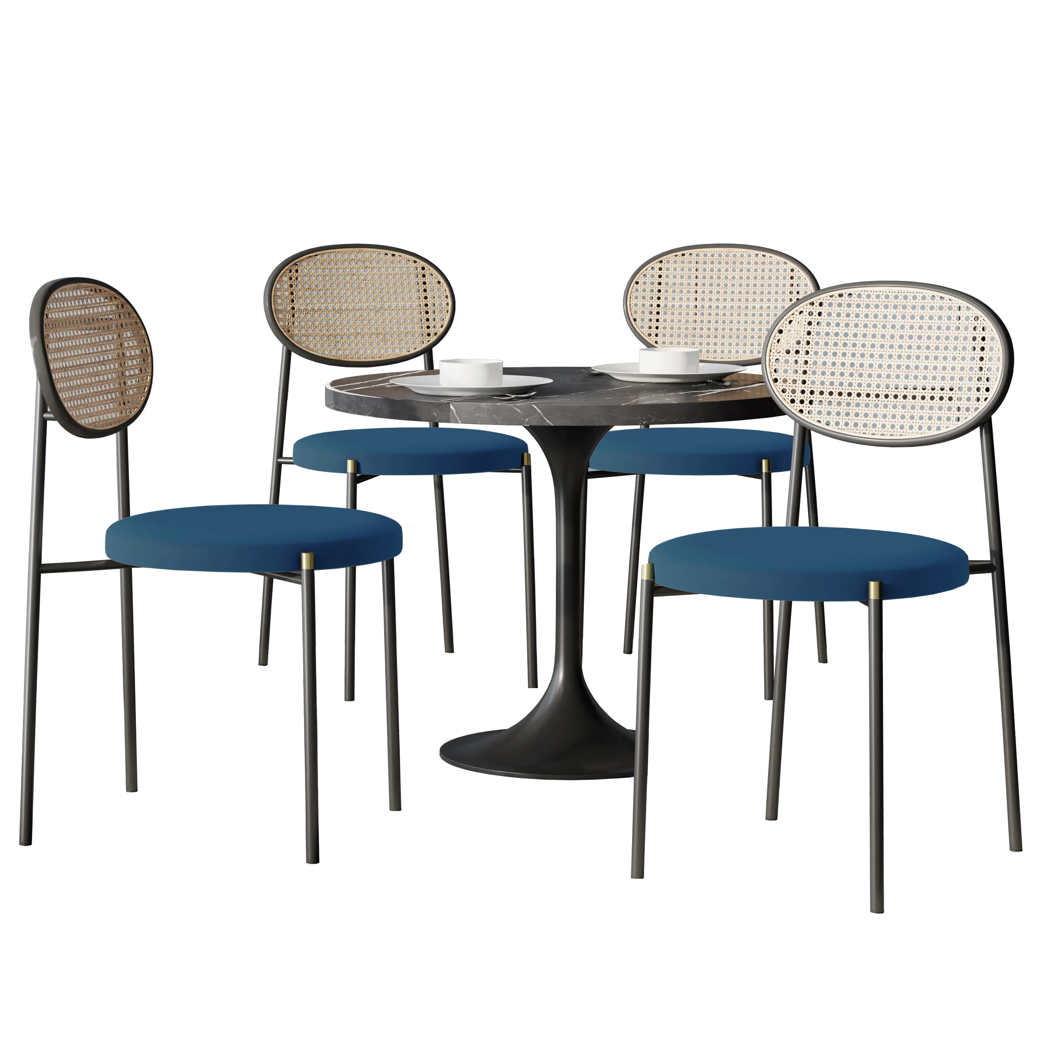 5-Piece Dining Set with 36" Round Dining Table Black Sintered Stone Top and Black Pedestal with 4 Velvet Dining Chairs in Black Steel Legs in Navy Blue