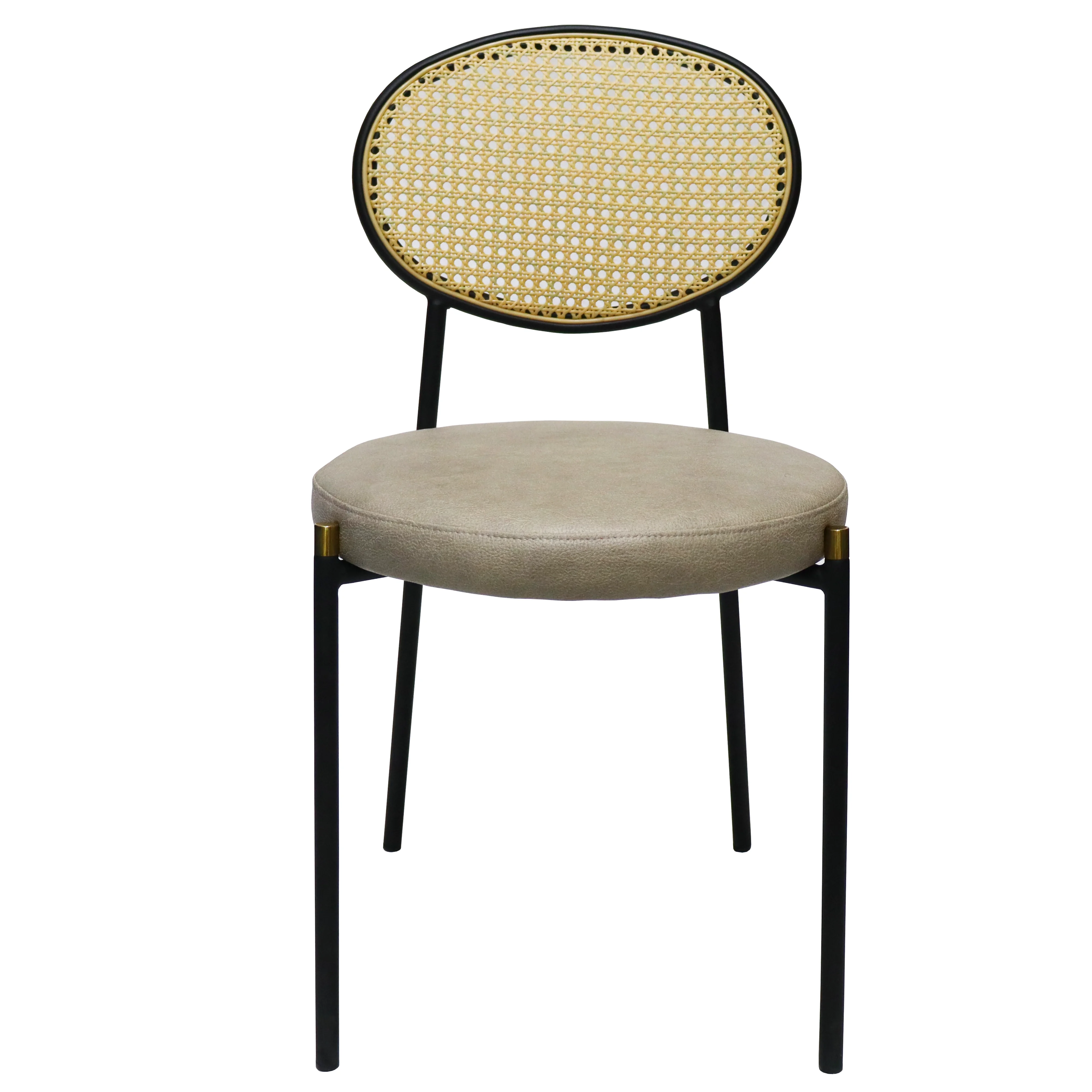 Euston Modern Wicker Dining Chair with Black Frame and Leather Seat in Taupe