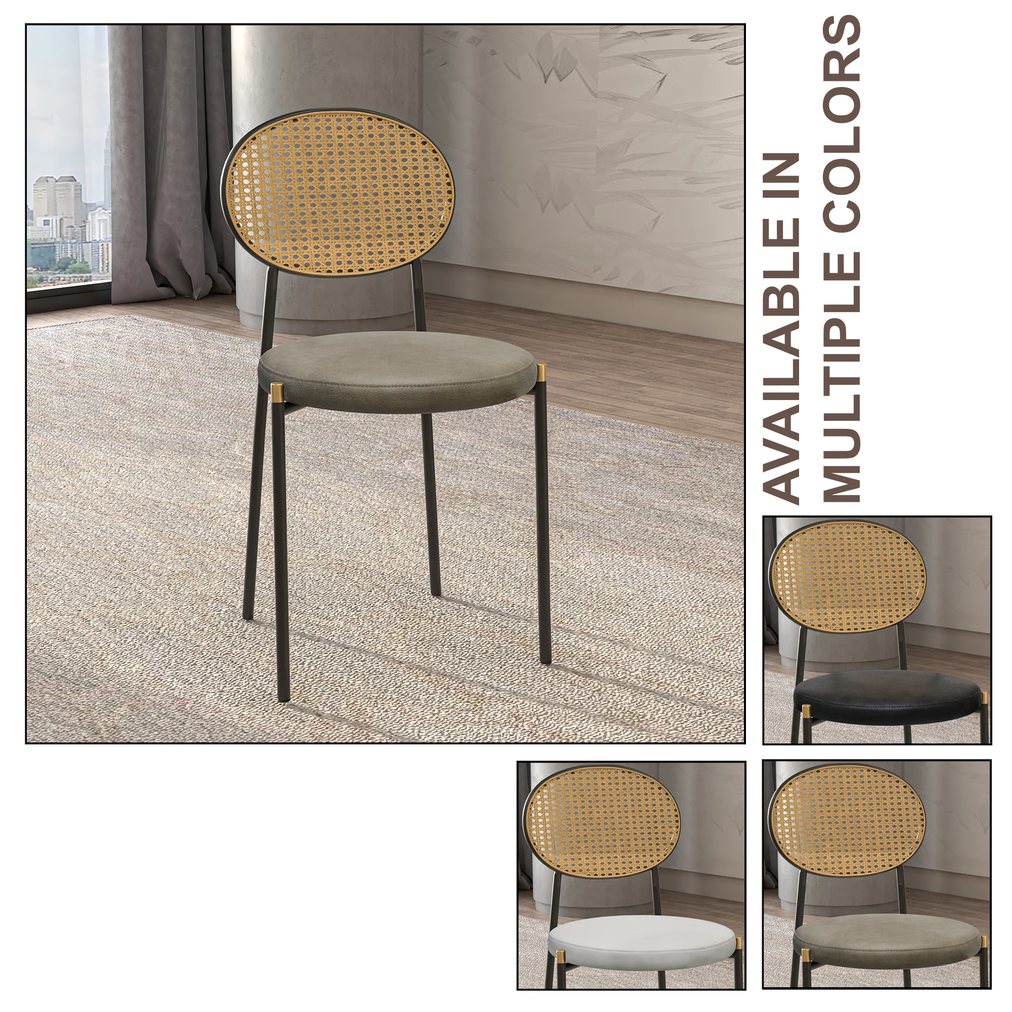 Euston Modern Wicker Dining Chair with Black Frame and Leather Seat in Taupe