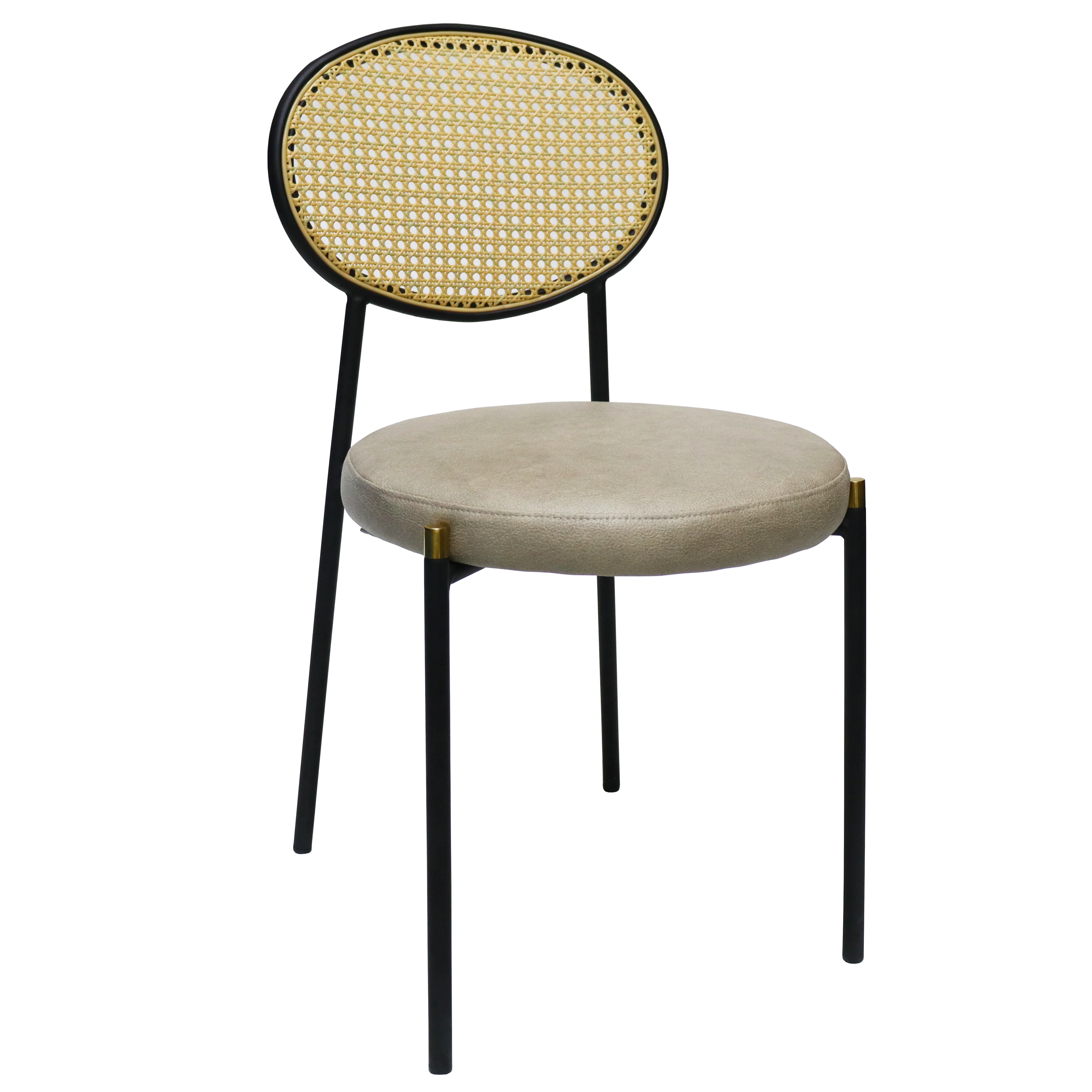 Euston Modern Wicker Dining Chair with Black Frame and Leather Seat in Taupe