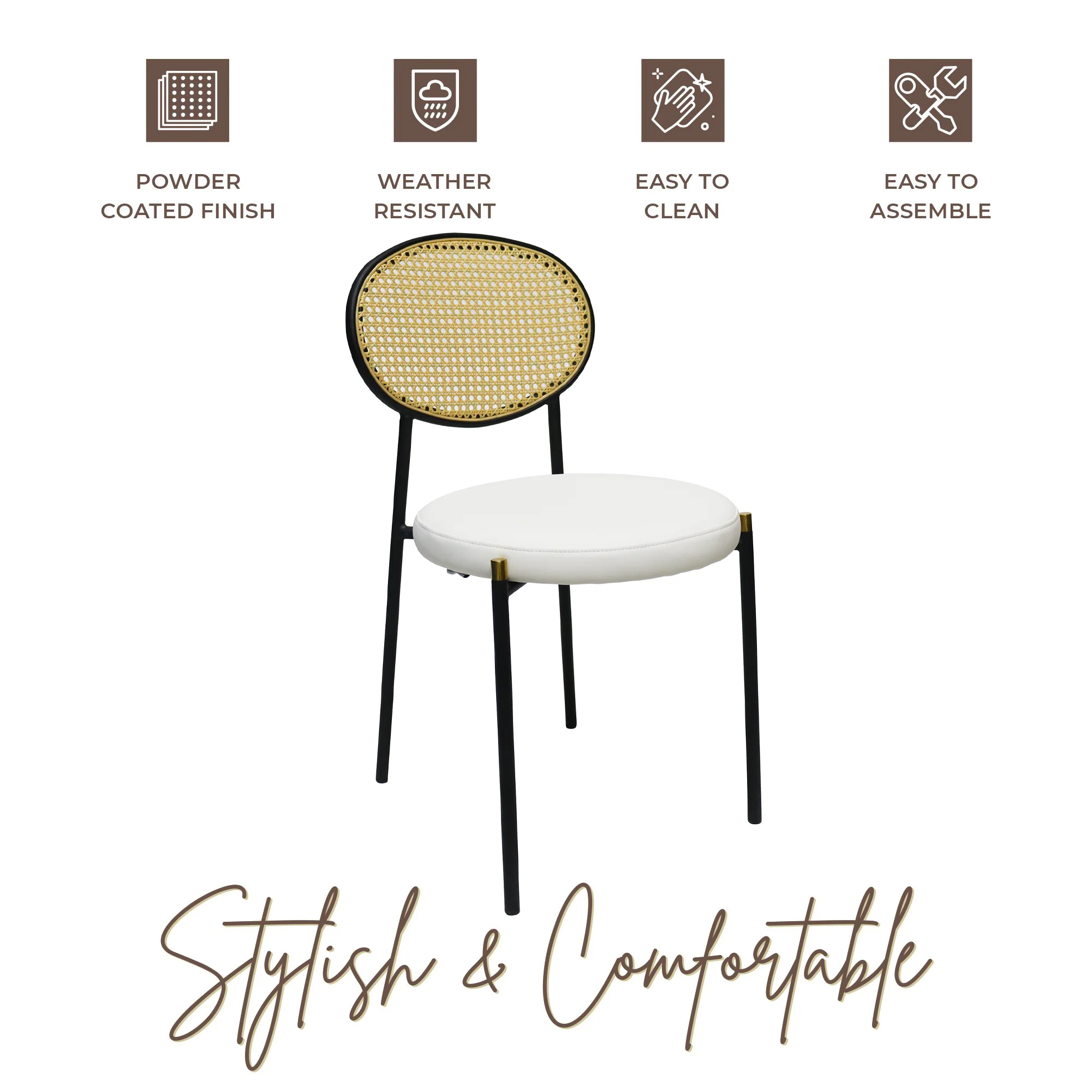 Euston Modern Wicker Dining Chair with Black Frame and Leather Seat in White