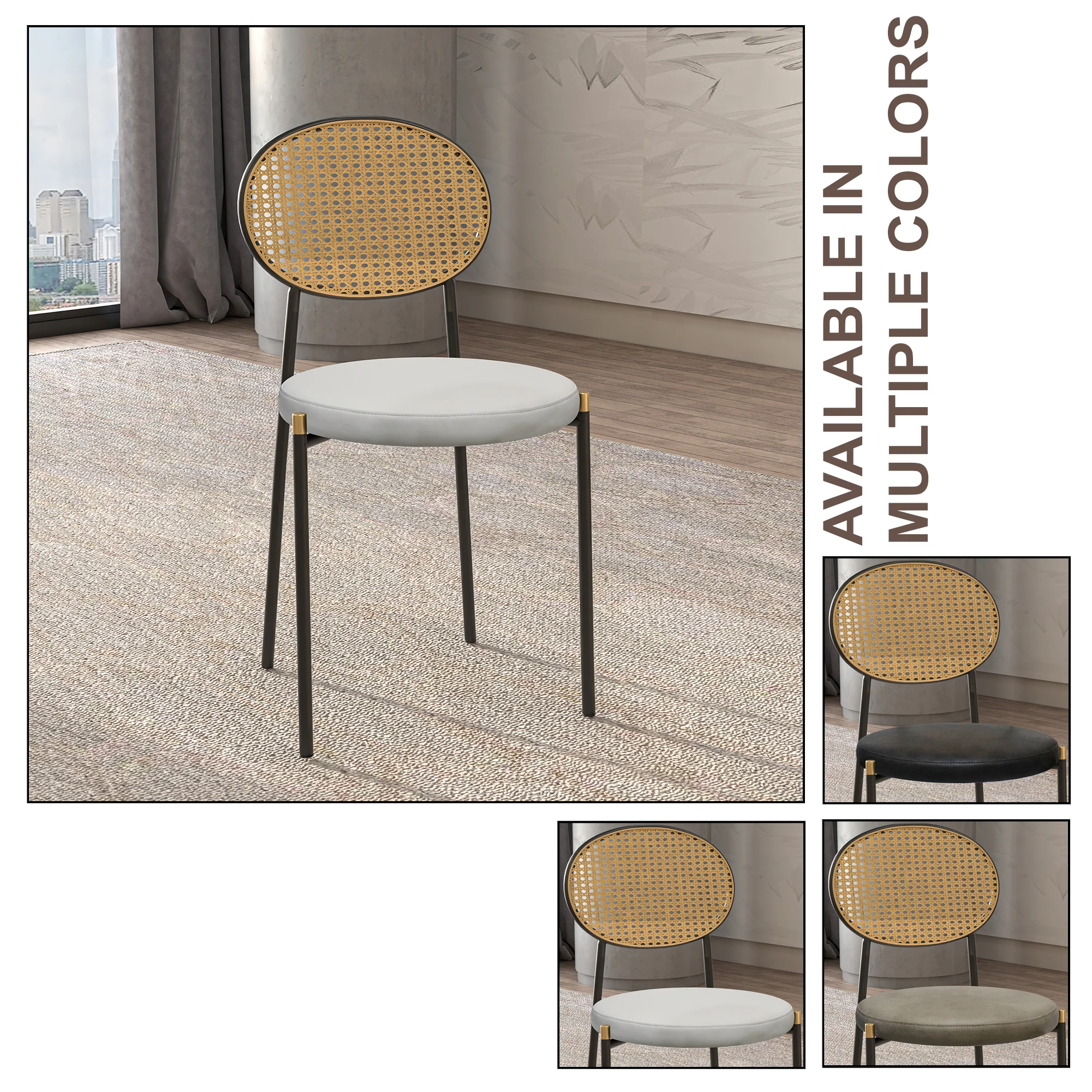 Euston Modern Wicker Dining Chair with Black Frame and Leather Seat in White