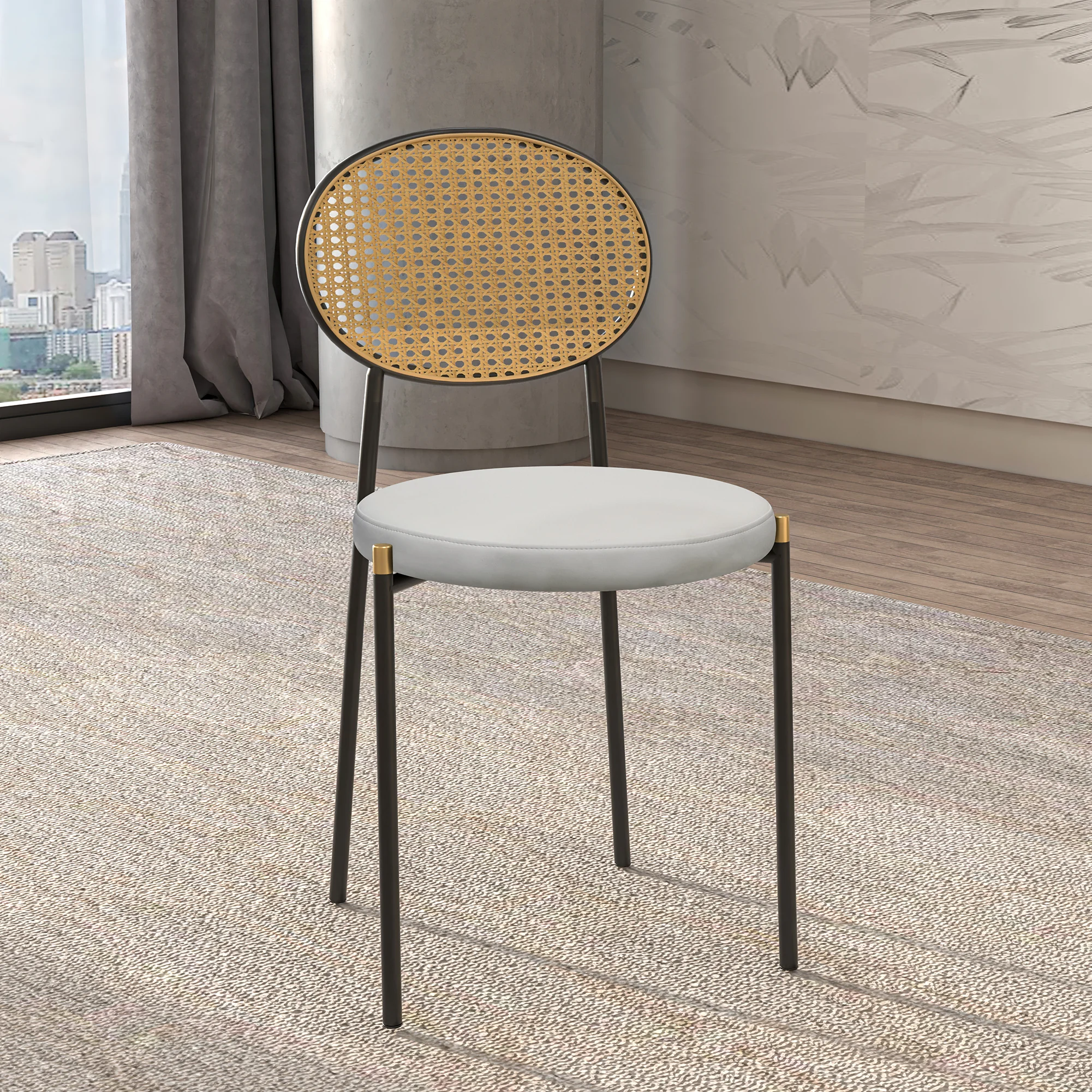 Euston Modern Wicker Dining Chair with Black Frame and Leather Seat in White