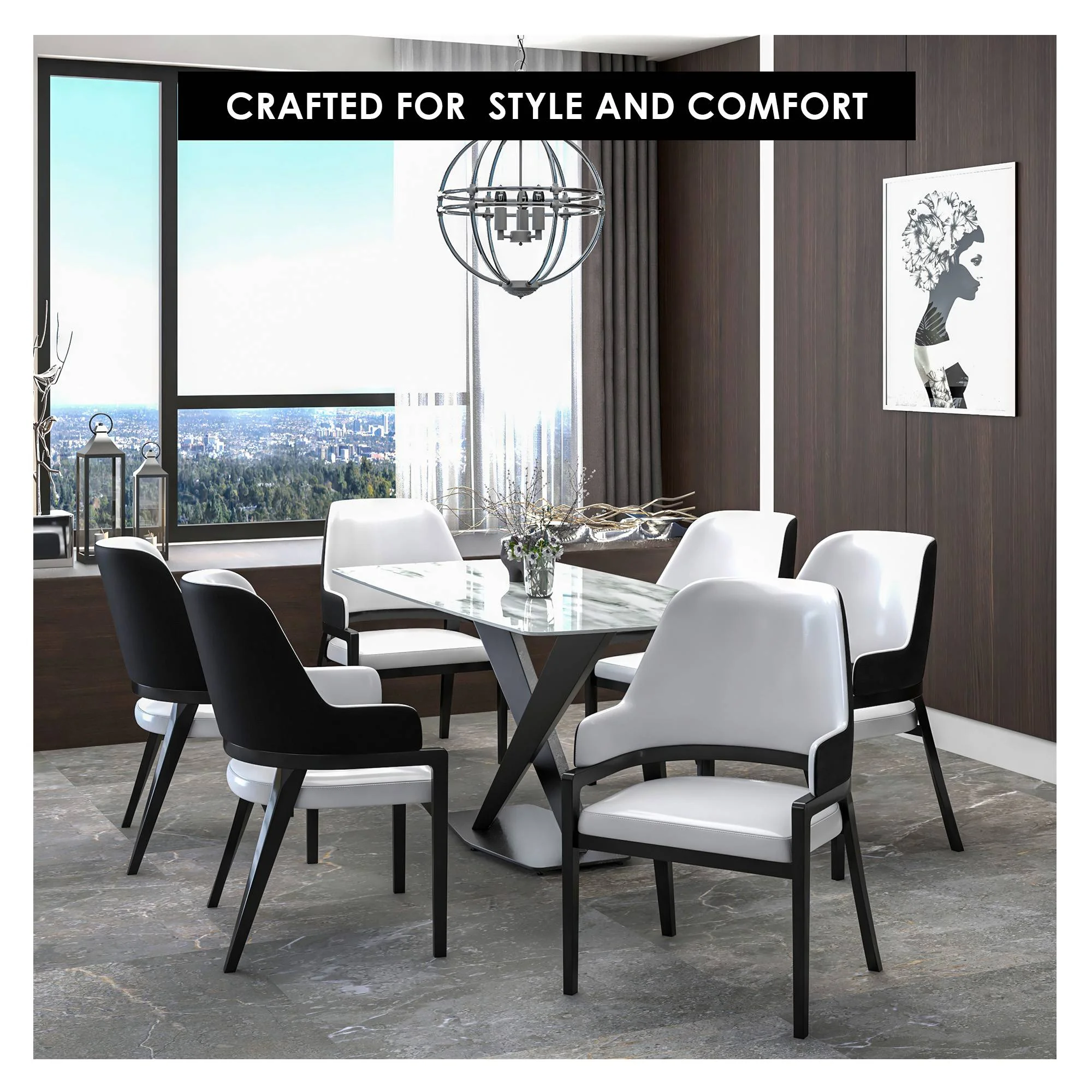 Ethora Collection Modern Wooden Dining Chair in Black Fabric Seat With white top Set of 2