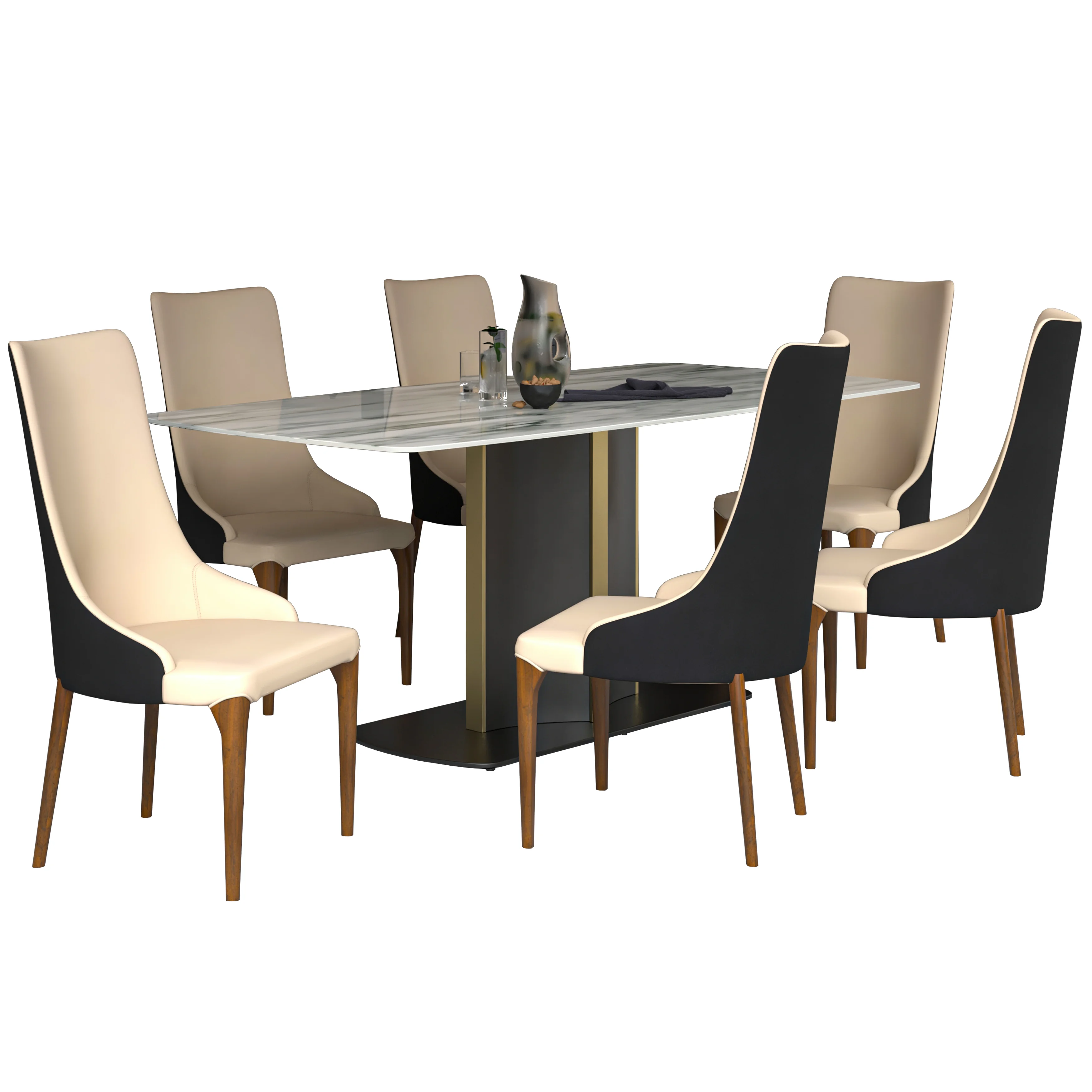 7-Piece Dining Set with Rectangular Sintered Stone Top Table and 6 Upholstered Dining Chairs with Ash Wood Base