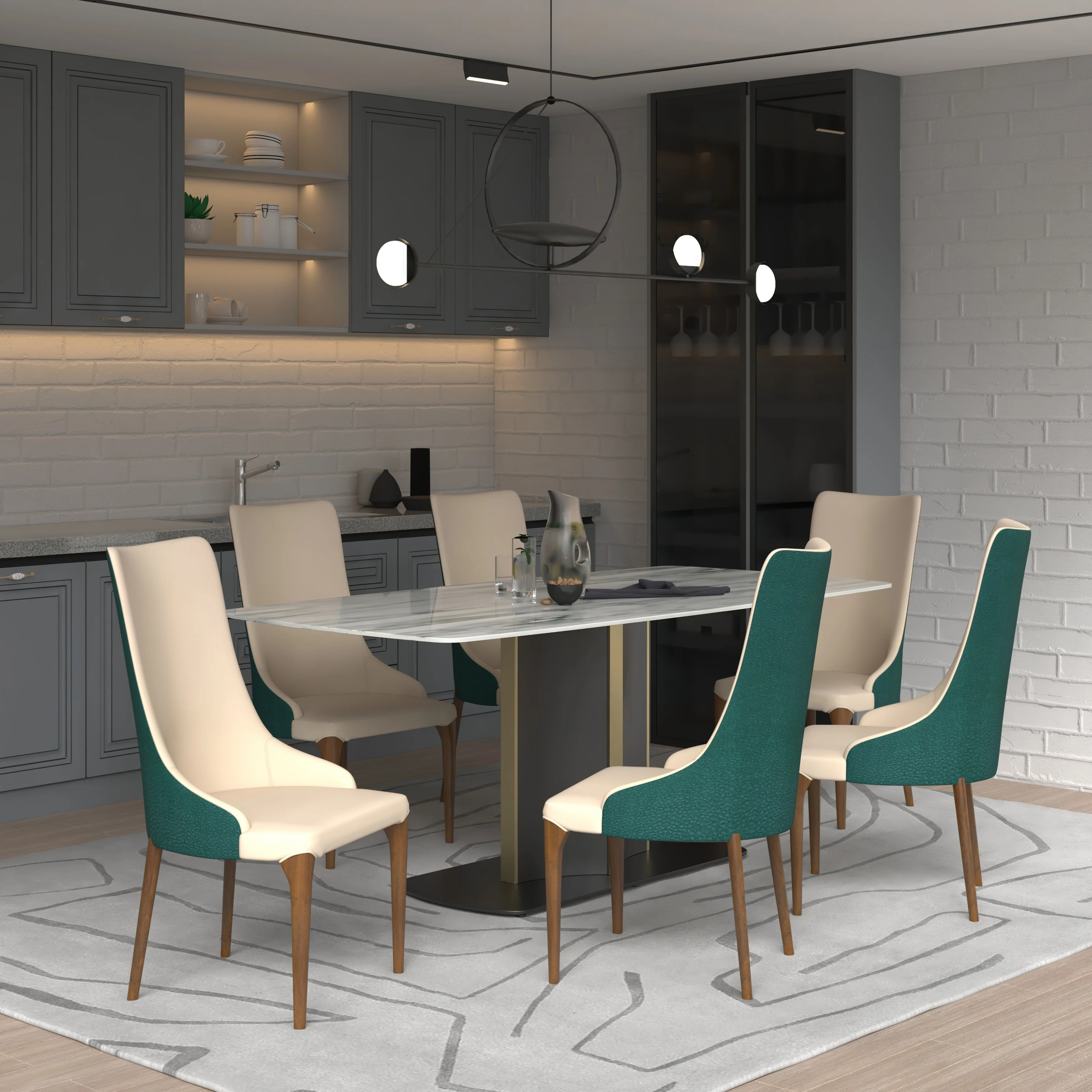 7-Piece Dining Set with Rectangular Sintered Stone Top Table and 6 Upholstered Dining Chairs with Ash Wood Base