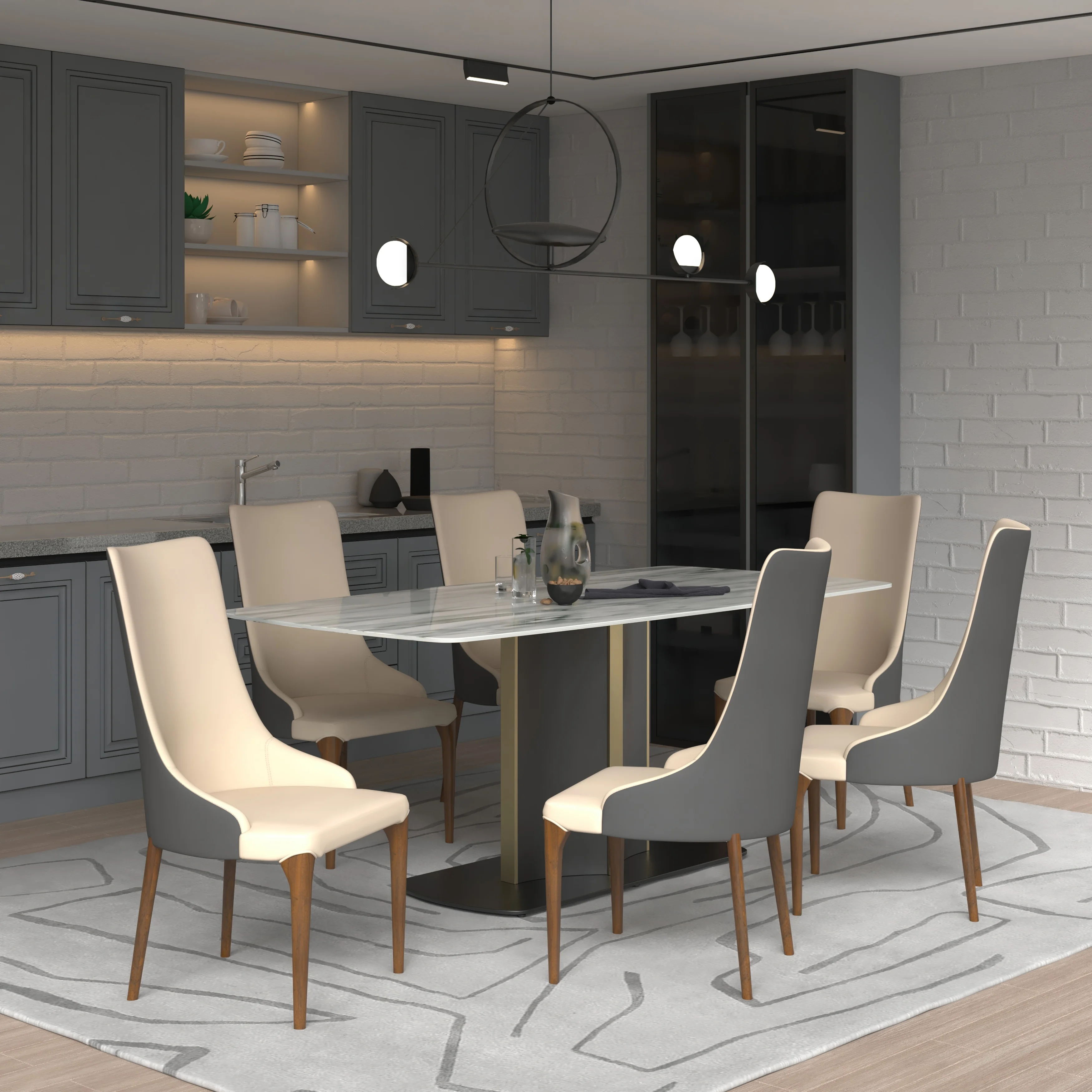 7-Piece Dining Set with Rectangular Sintered Stone Top Table and 6 Upholstered Dining Chairs with Ash Wood Base