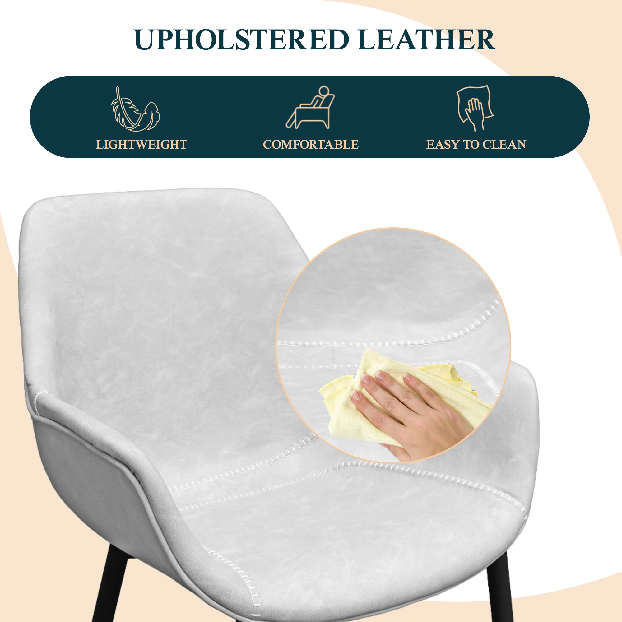 Markley Modern Leather Dining Arm Chair With Metal Legs Set of 4, Light Grey